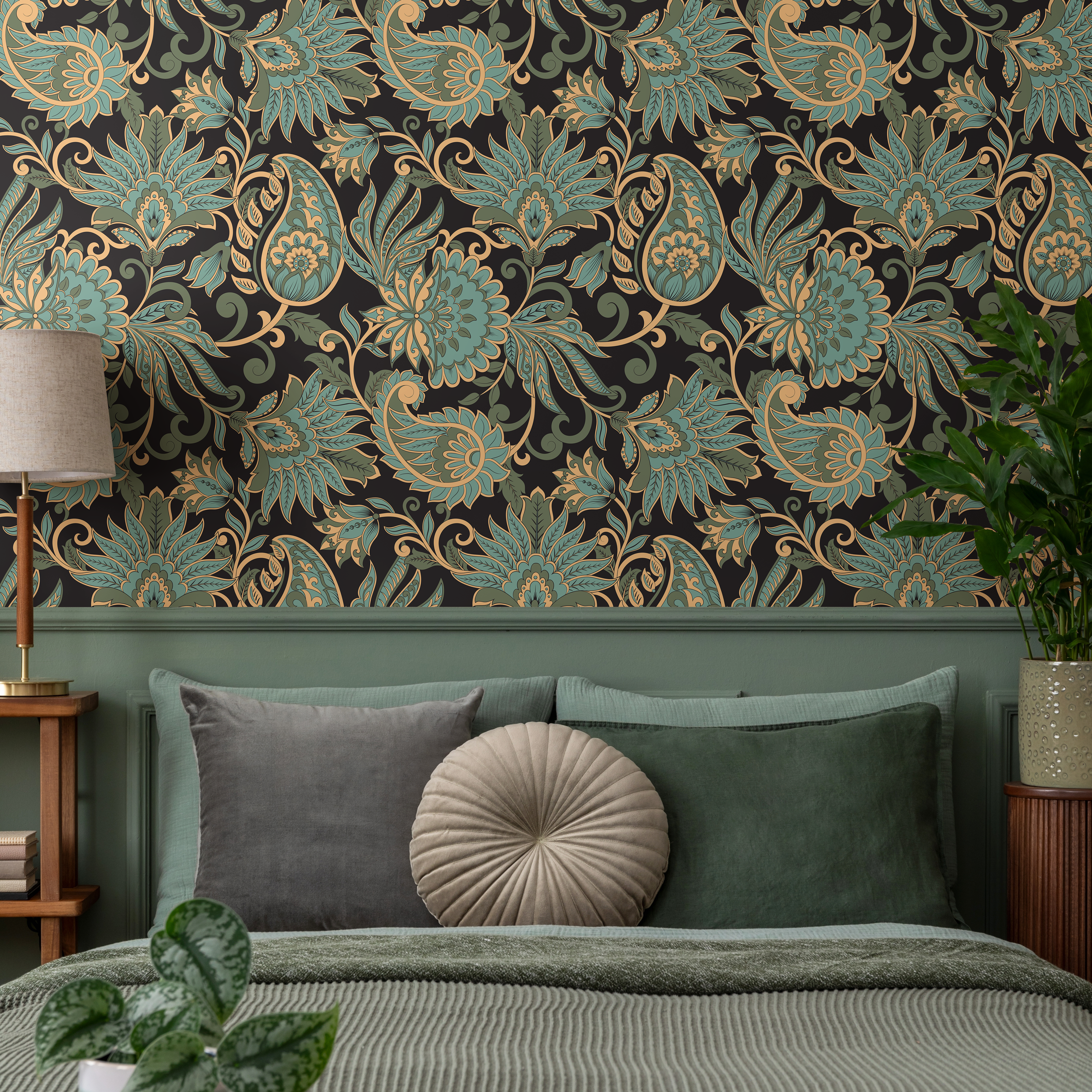 Victorian Wallpaper With An Intricate Paisley Motif In Green, Gold, And Black - D089