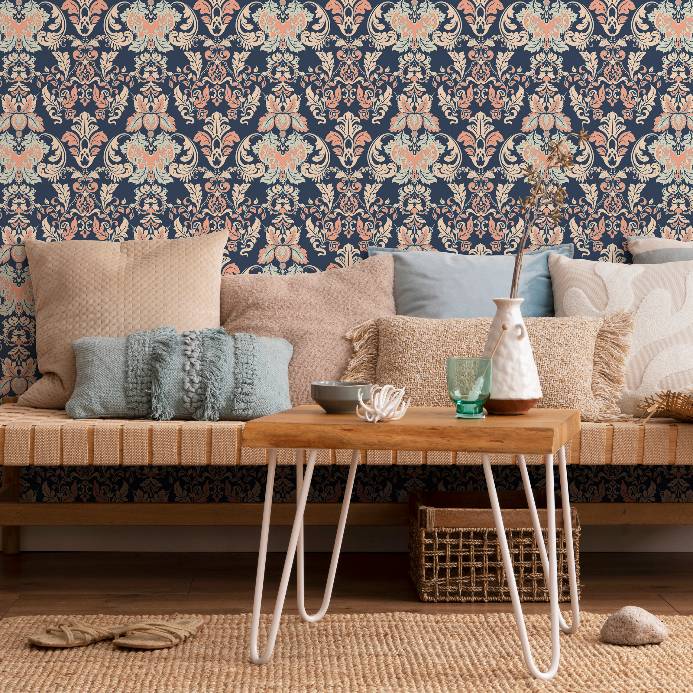 Damask Wallpaper With An Intricate Victorian Motif In Navy Blue, Coral, And Beige - D092