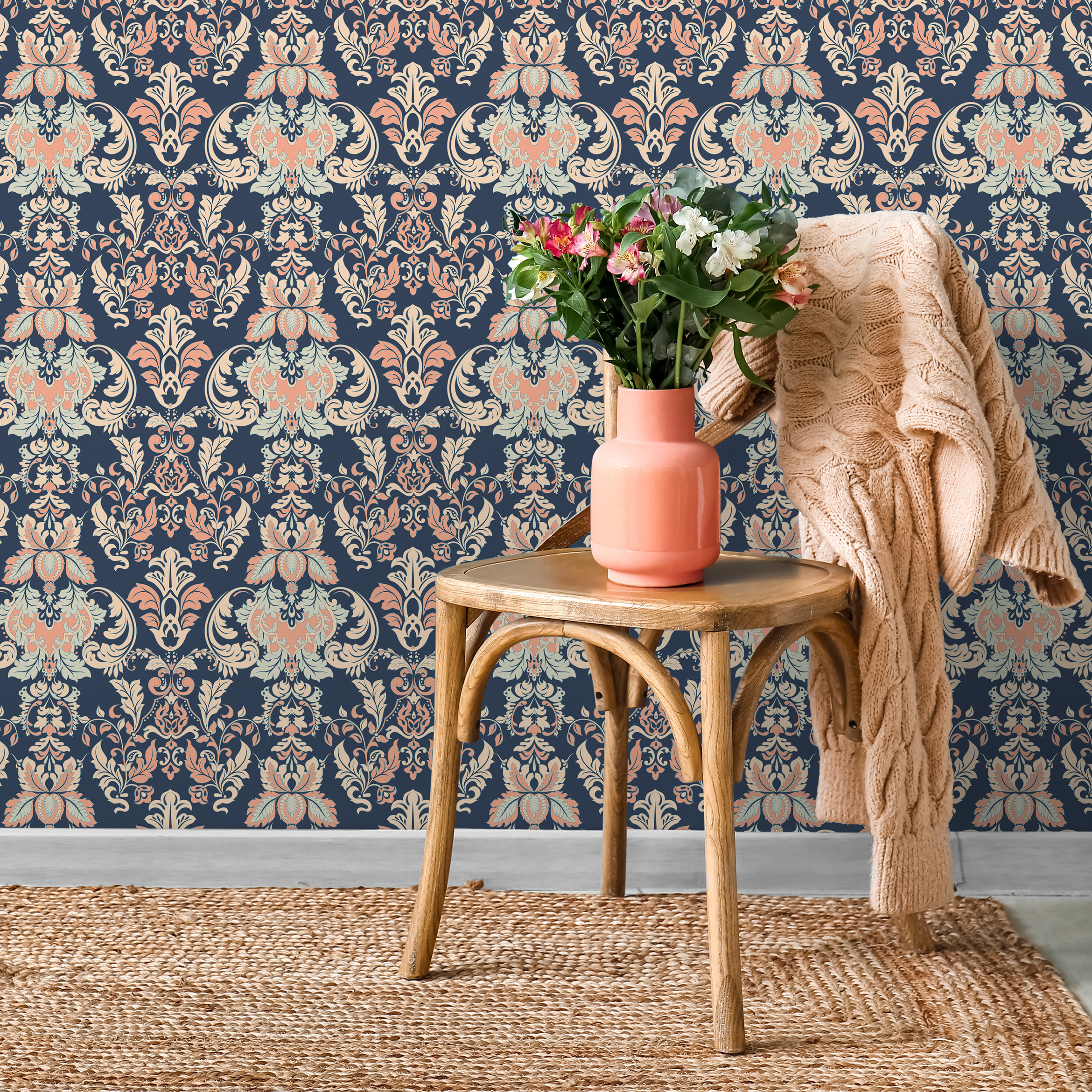 Damask Wallpaper With An Intricate Victorian Motif In Navy Blue, Coral, And Beige - D092