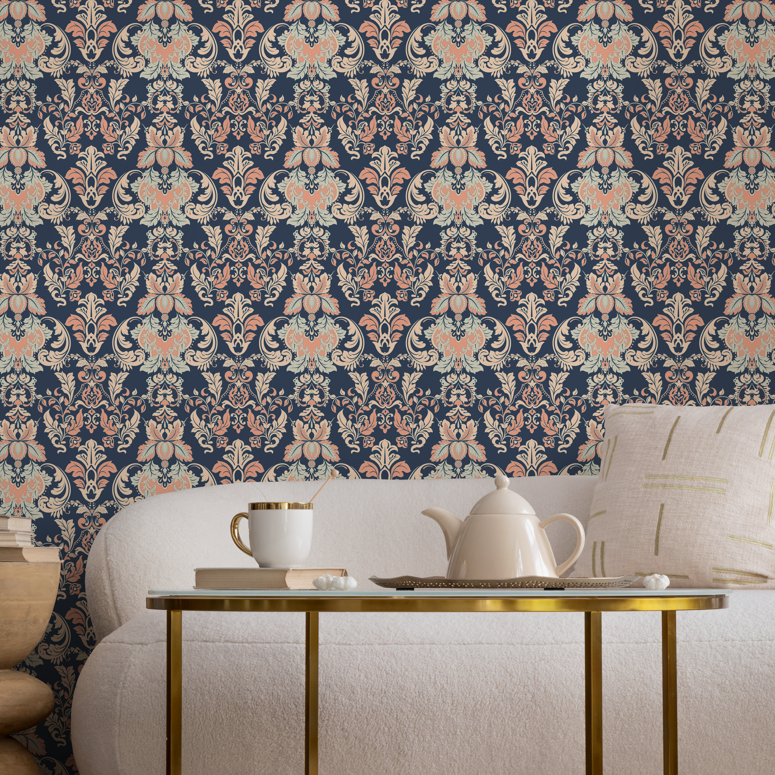 Damask Wallpaper With An Intricate Victorian Motif In Navy Blue, Coral, And Beige - D092