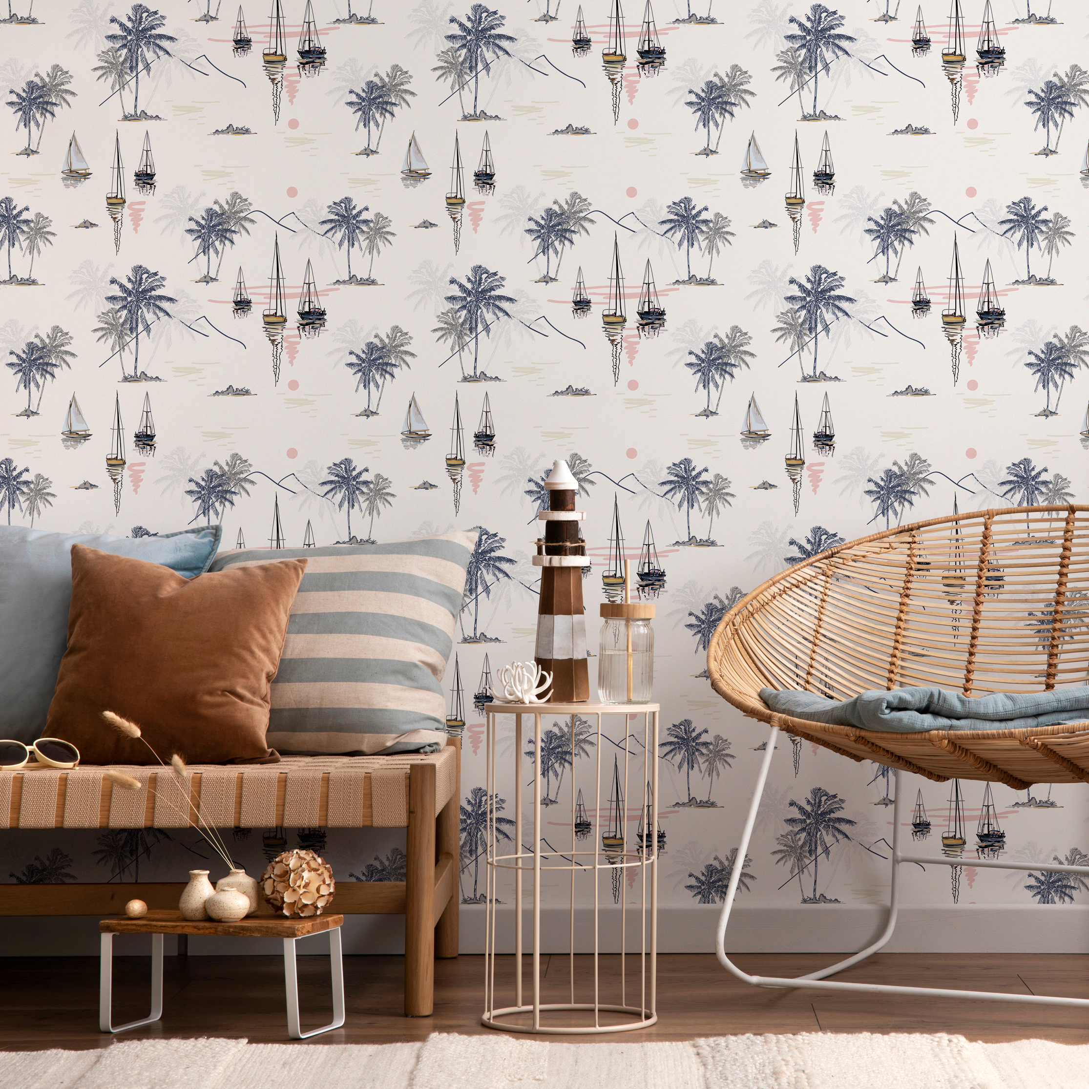 Coastal Wallpaper Featuring Sailboats And Palm Trees In Navy Blue, Beige, And Pink - D095