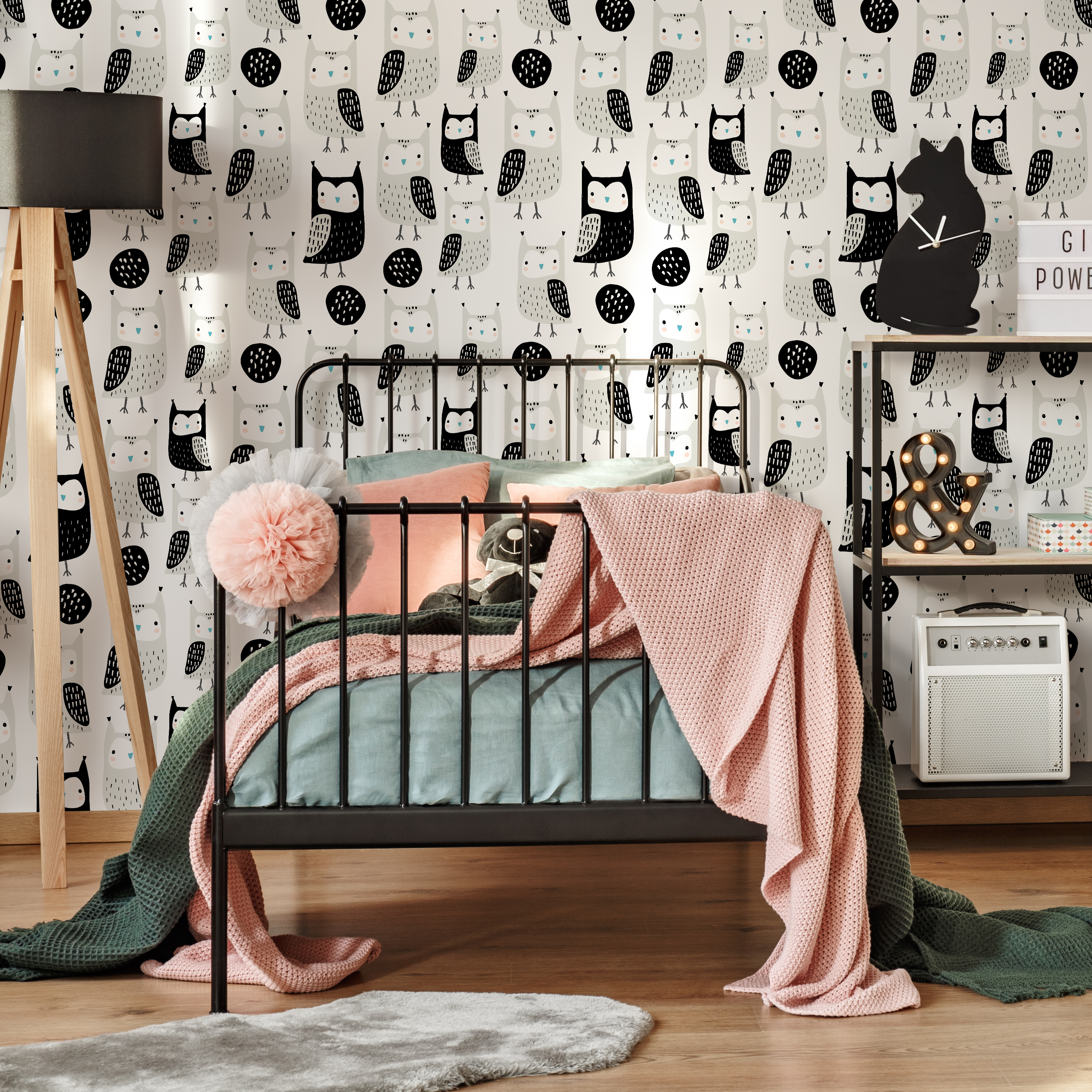Kids Wallpaper Featuring Hand-drawn Owls In Black, Gray, And Blue - D105