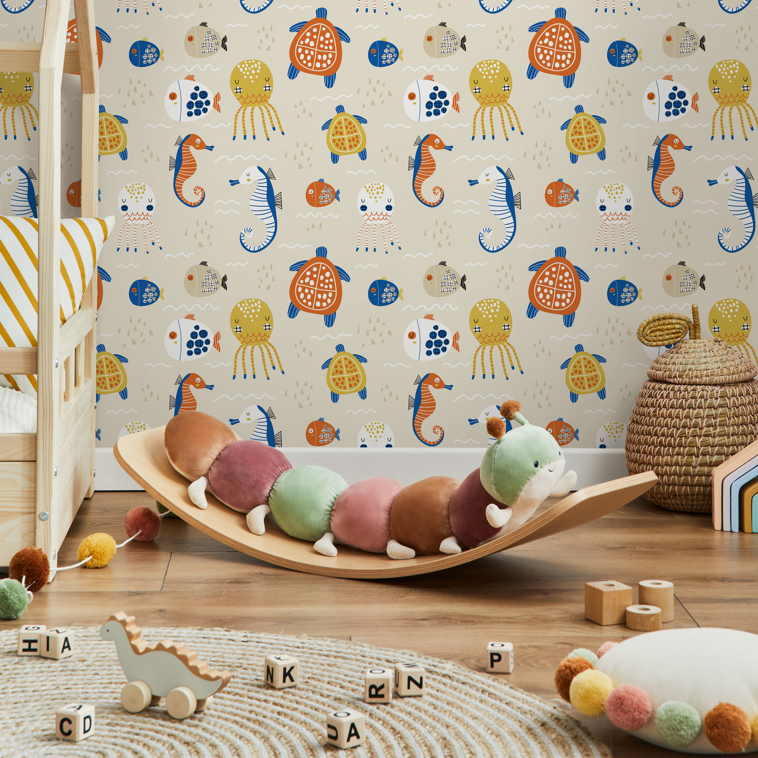 Ocean Wallpaper With Folk Art Sea Creatures In Blue, Orange, And Yellow - D110