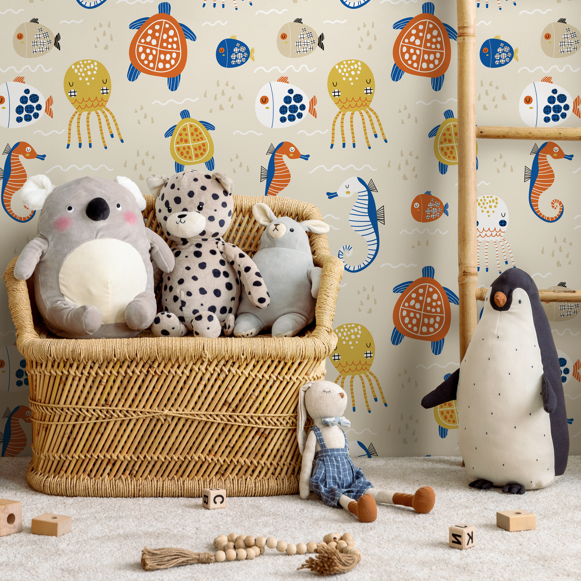 Ocean Wallpaper With Folk Art Sea Creatures In Blue, Orange, And Yellow - D110