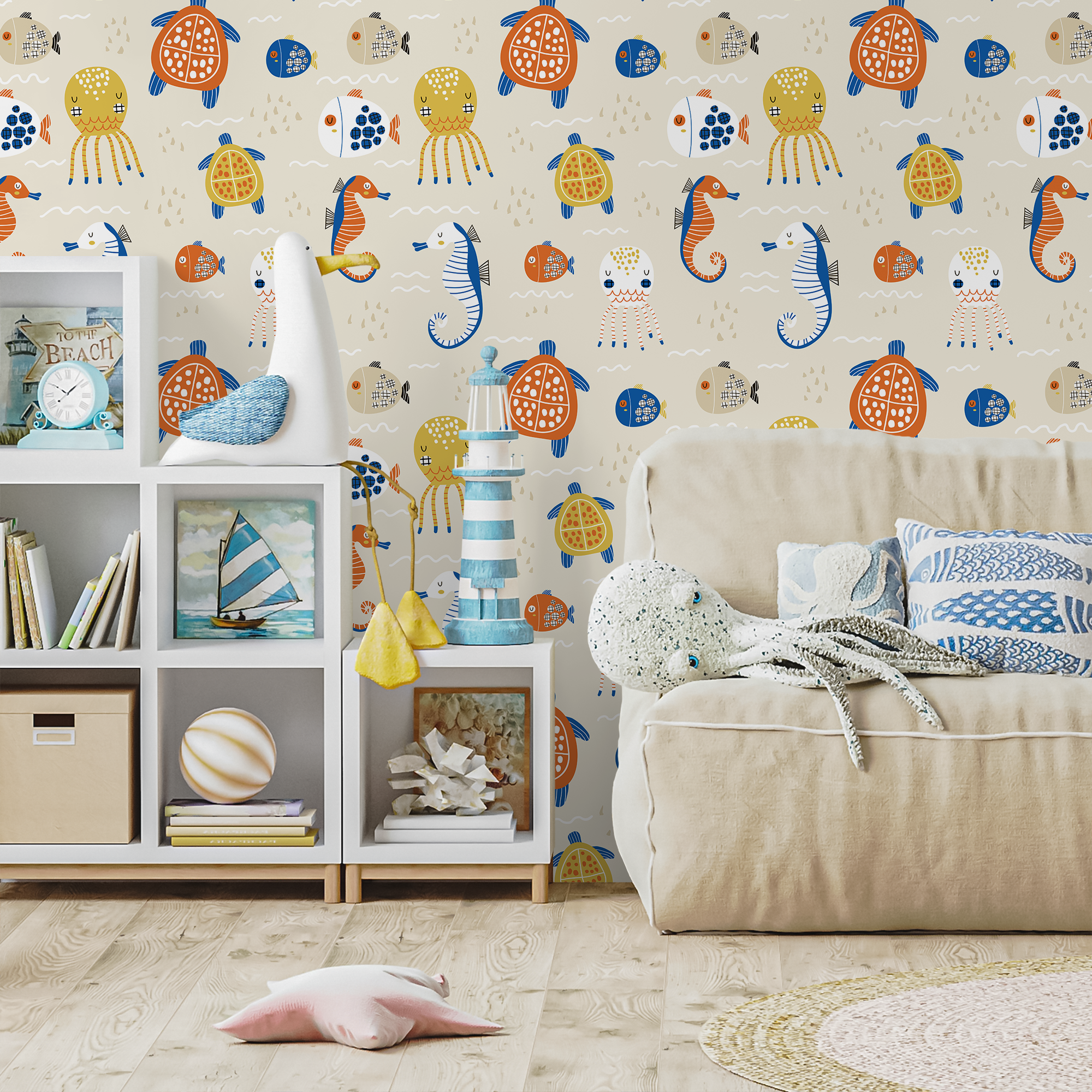 Ocean Wallpaper With Folk Art Sea Creatures In Blue, Orange, And Yellow - D110