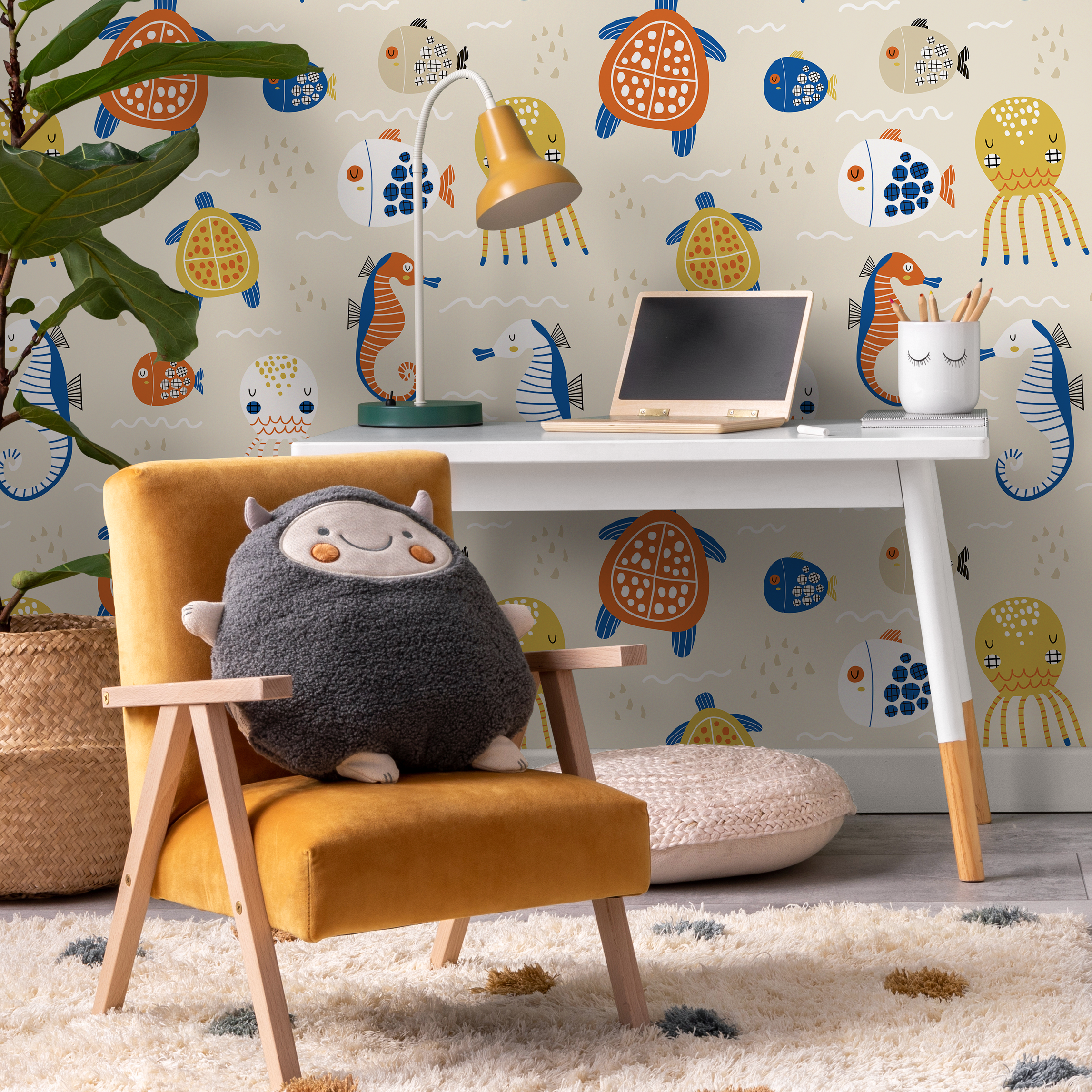 Ocean Wallpaper With Folk Art Sea Creatures In Blue, Orange, And Yellow - D110