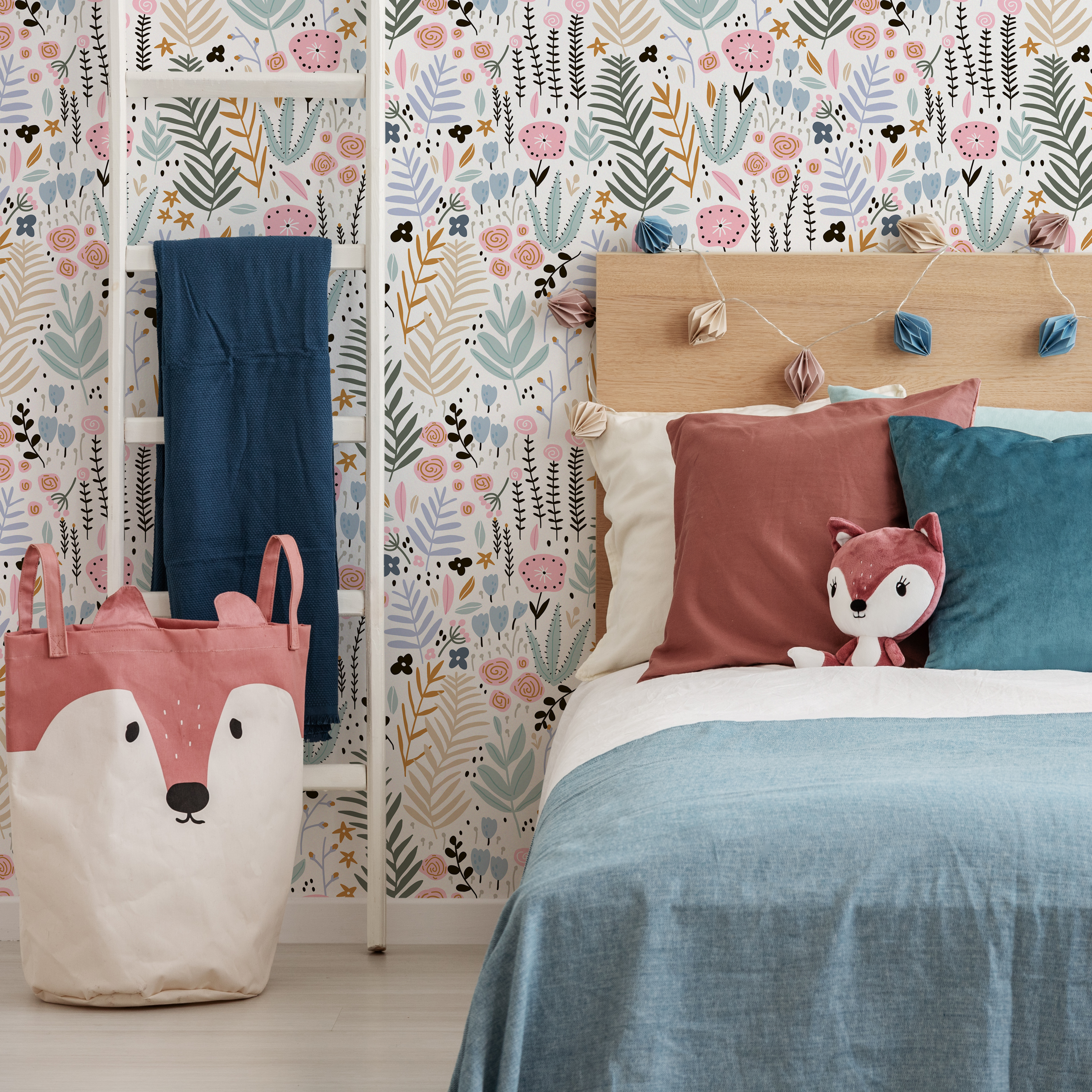 Botanical Wallpaper With A Scandinavian Floral Motif In Pink, Blue, And Green - D114