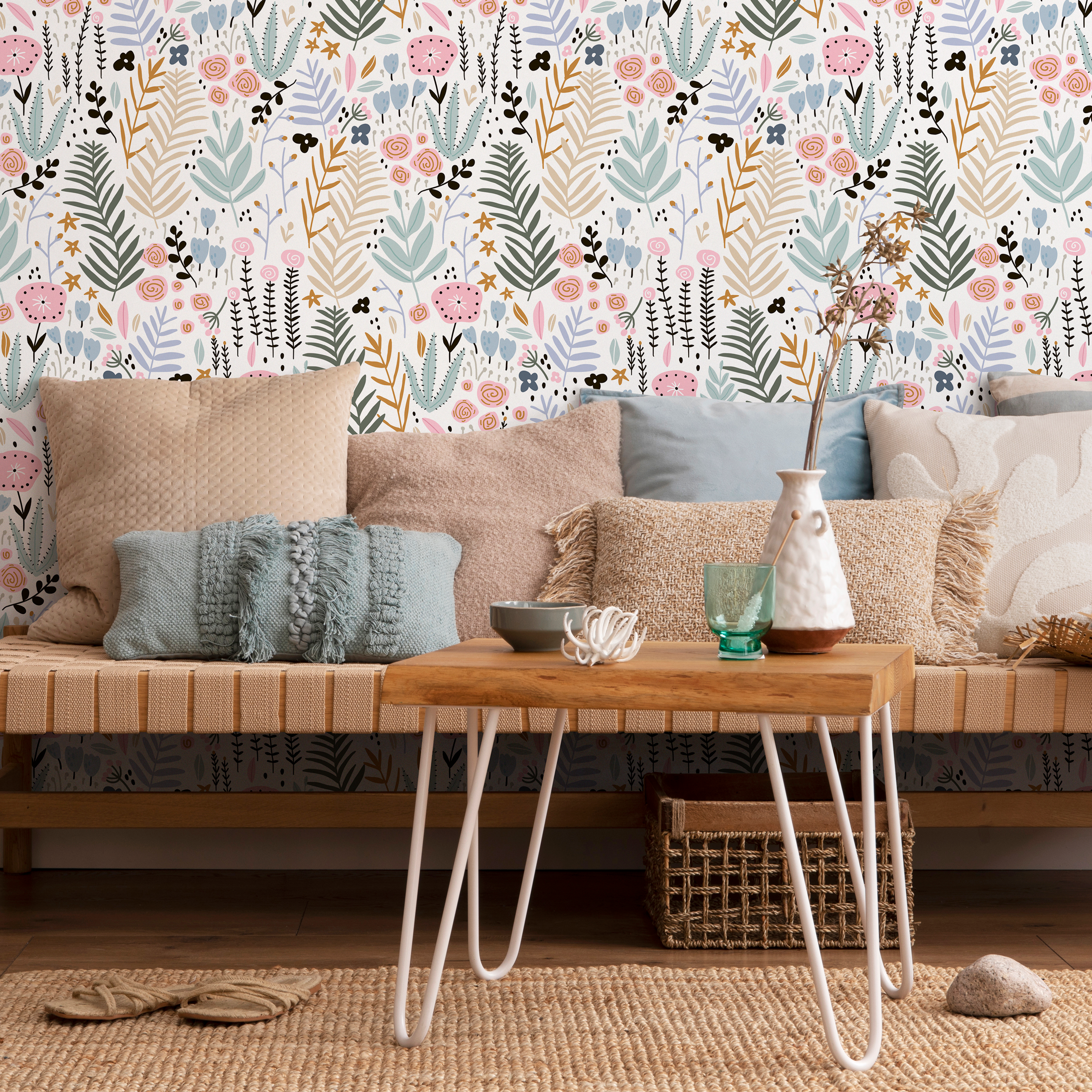 Botanical Wallpaper With A Scandinavian Floral Motif In Pink, Blue, And Green - D114