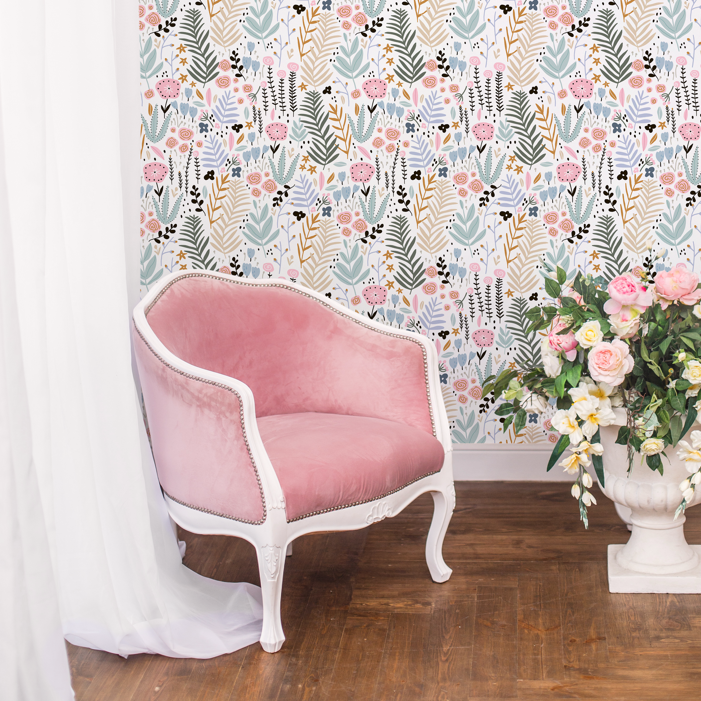 Botanical Wallpaper With A Scandinavian Floral Motif In Pink, Blue, And Green - D114