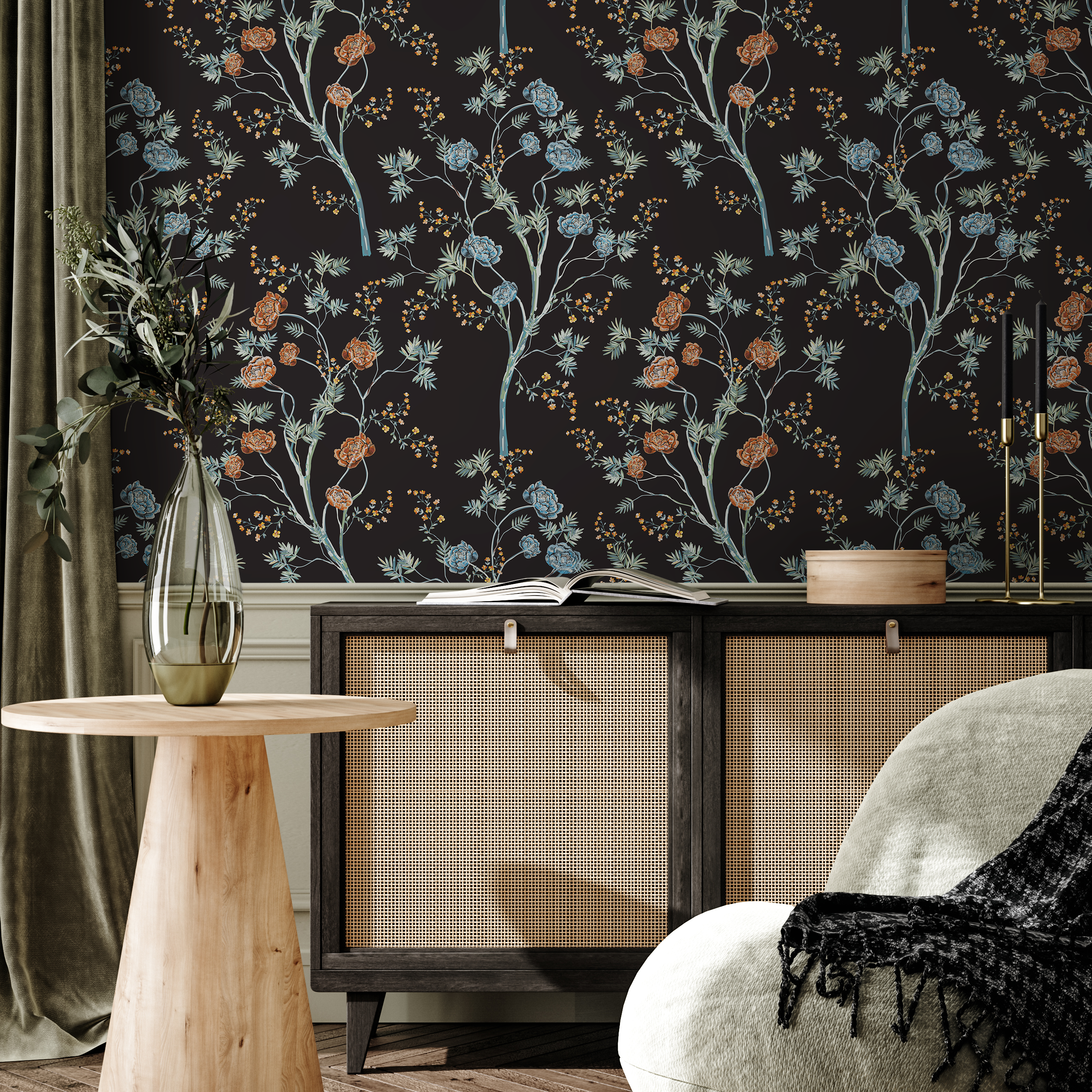 Floral Wallpaper Featuring Elegant Trees In Black, Blue, And Orange - D122
