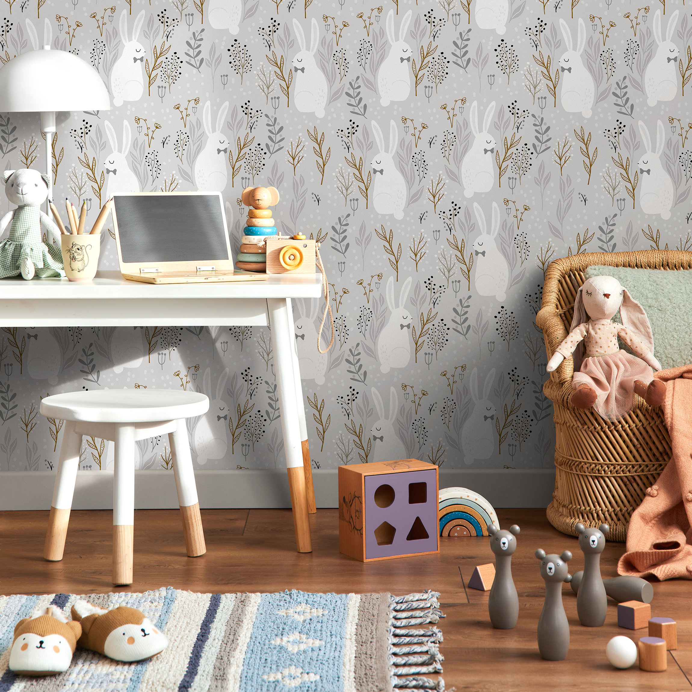 Nursery Wallpaper With A Whimsical Bunny Motif In Gray, Gold, And Black - D124