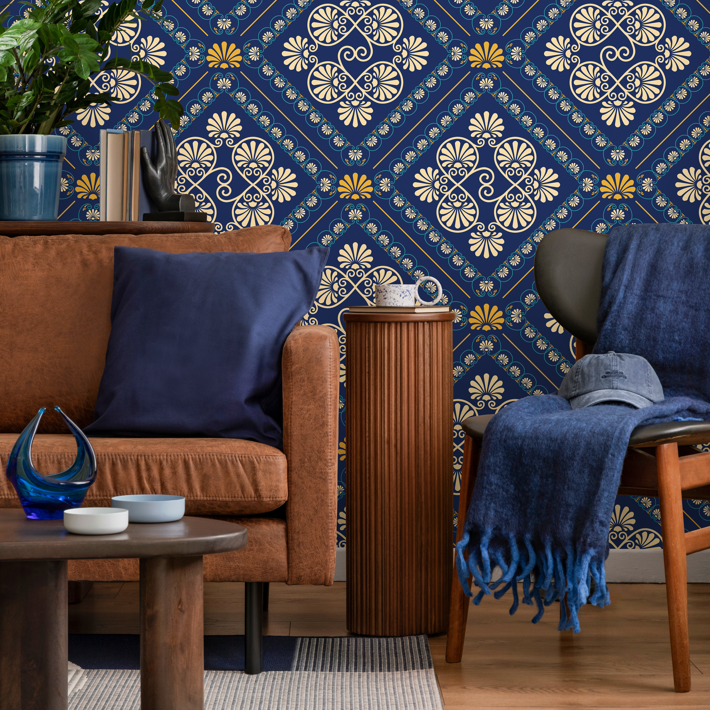Art Deco Wallpaper With Ornate Tile Motifs In Blue And Gold - D137