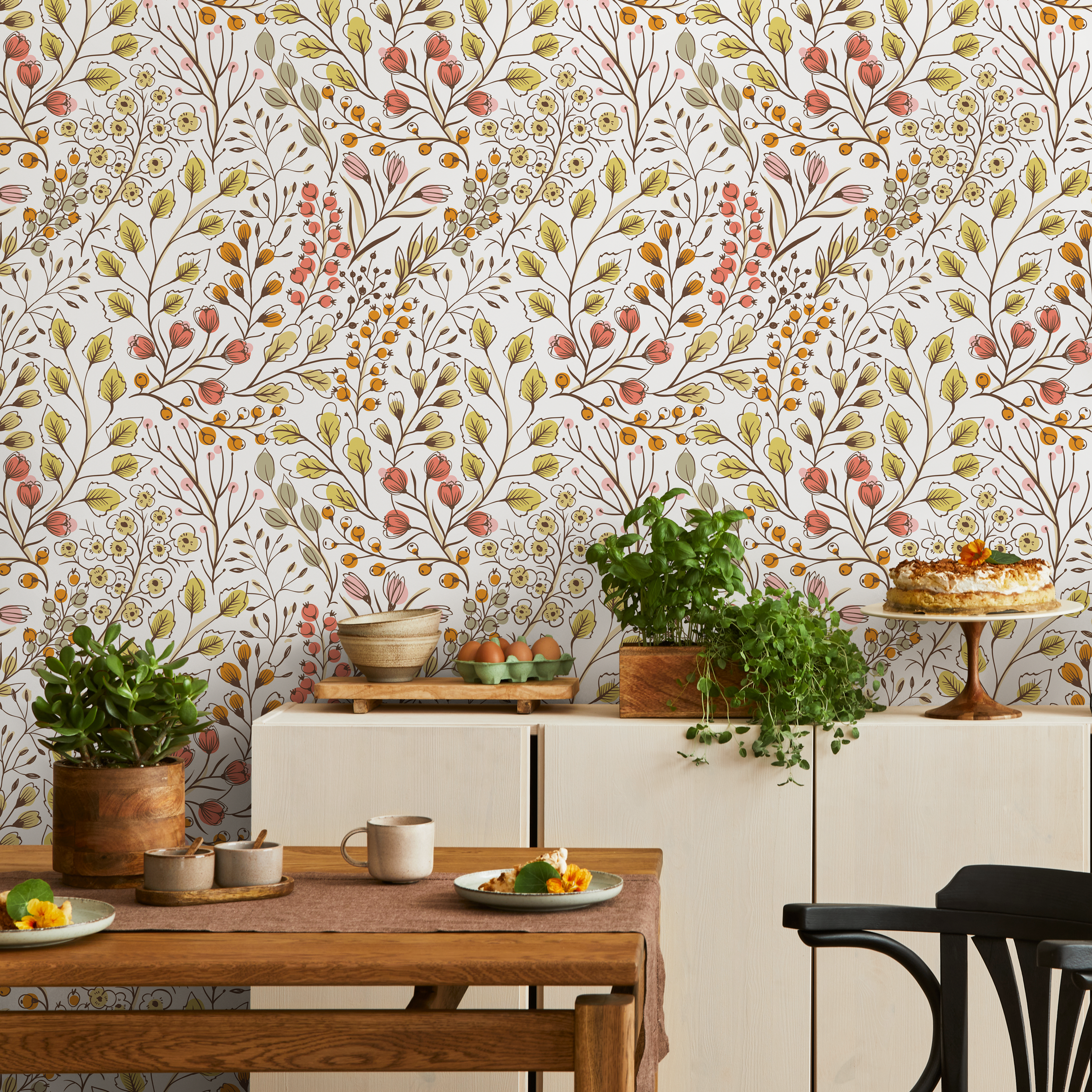 Floral Wallpaper With A Whimsical Botanical Motif In Pink, Yellow, And Green - D147