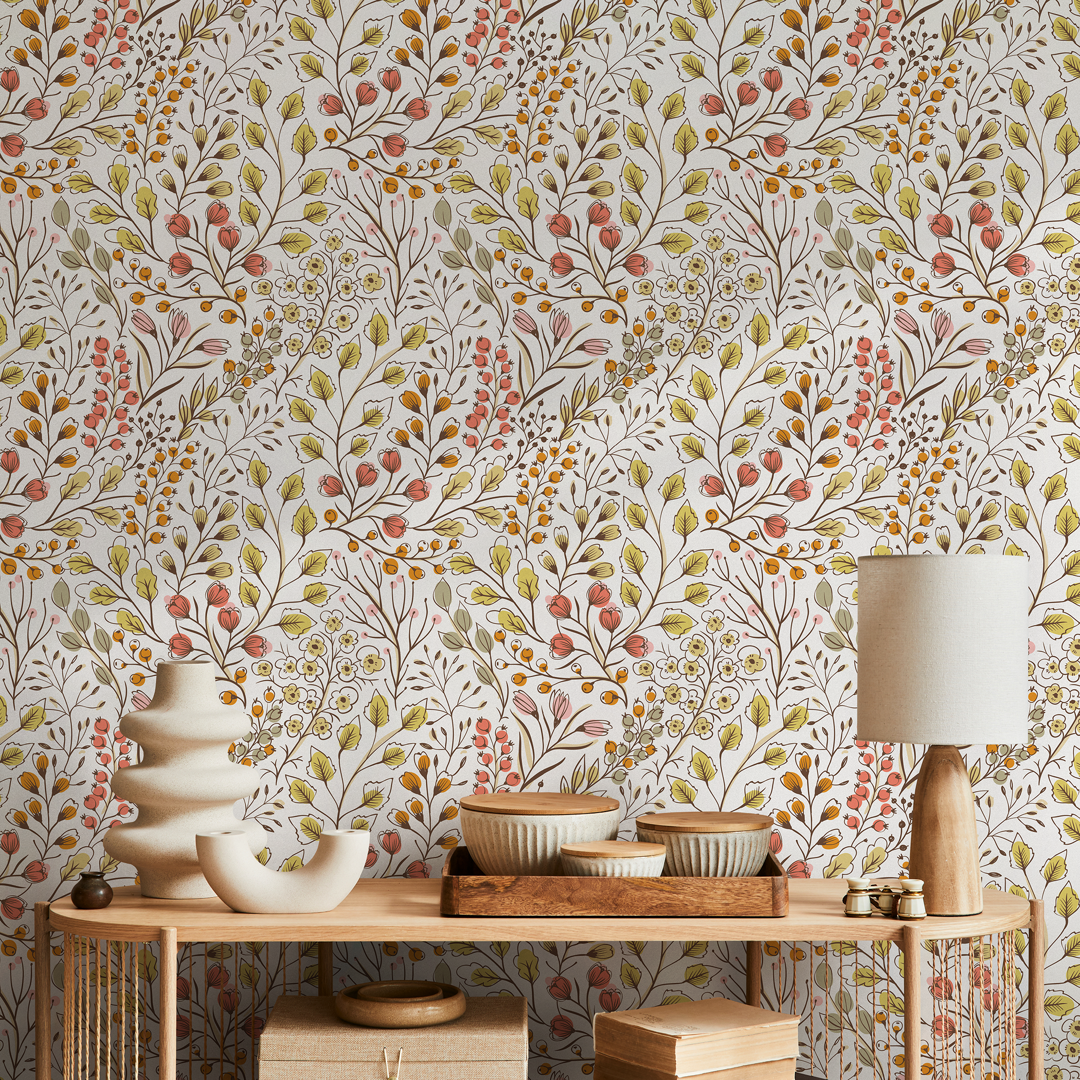 Floral Wallpaper With A Whimsical Botanical Motif In Pink, Yellow, And Green - D147