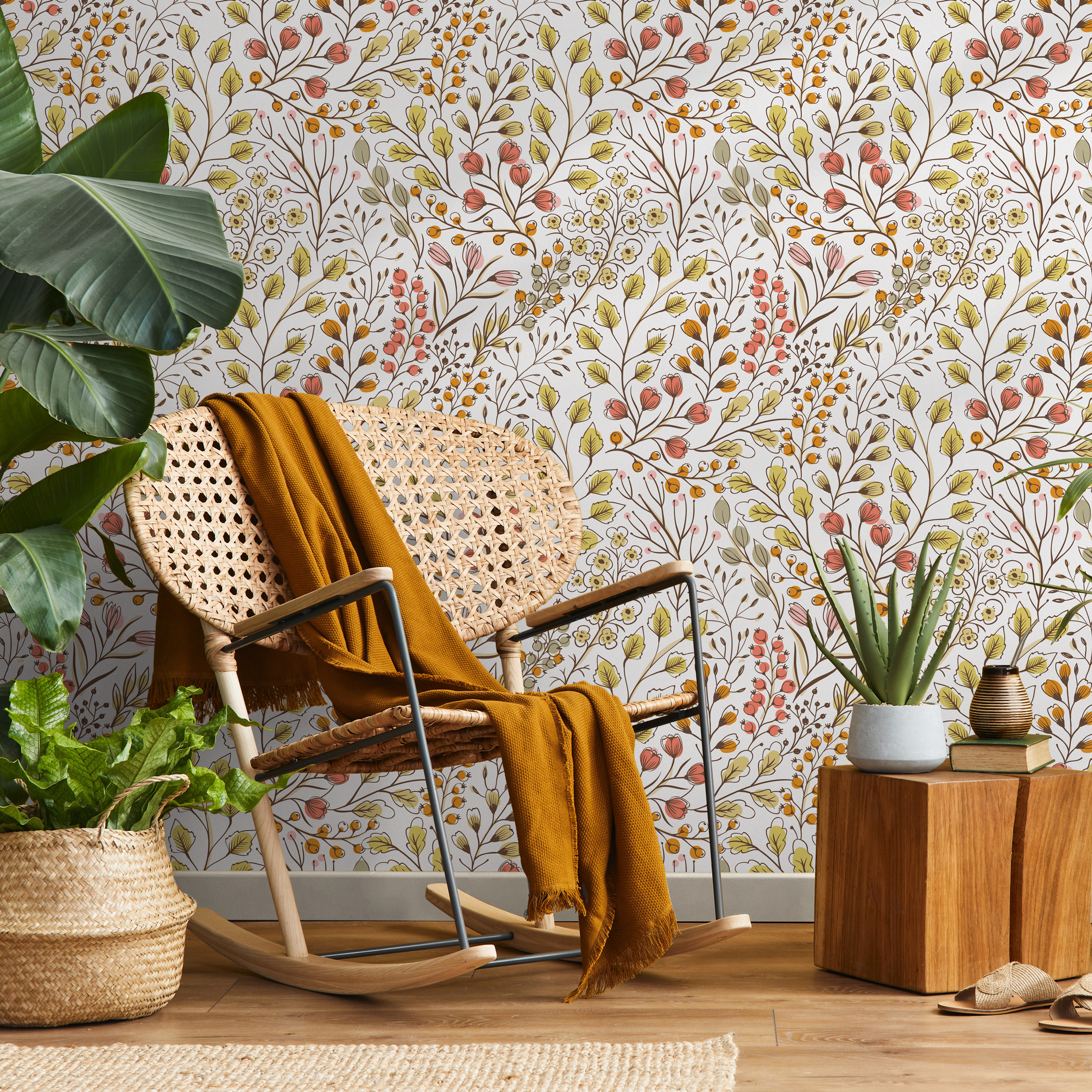 Floral Wallpaper With A Whimsical Botanical Motif In Pink, Yellow, And Green - D147