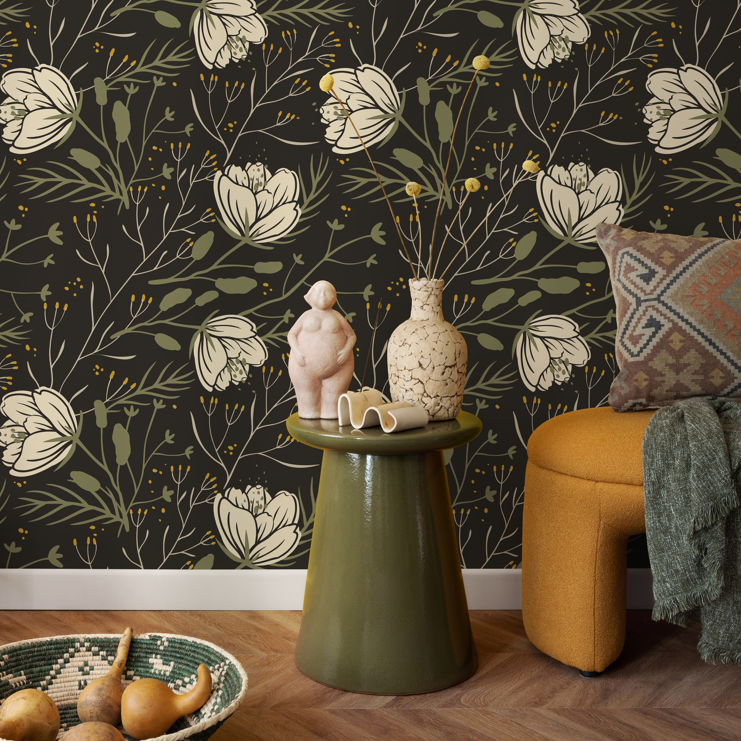 Scandinavian Floral Wallpaper With Folk Art Blooms In Dark Gray, Cream, And Green - D149
