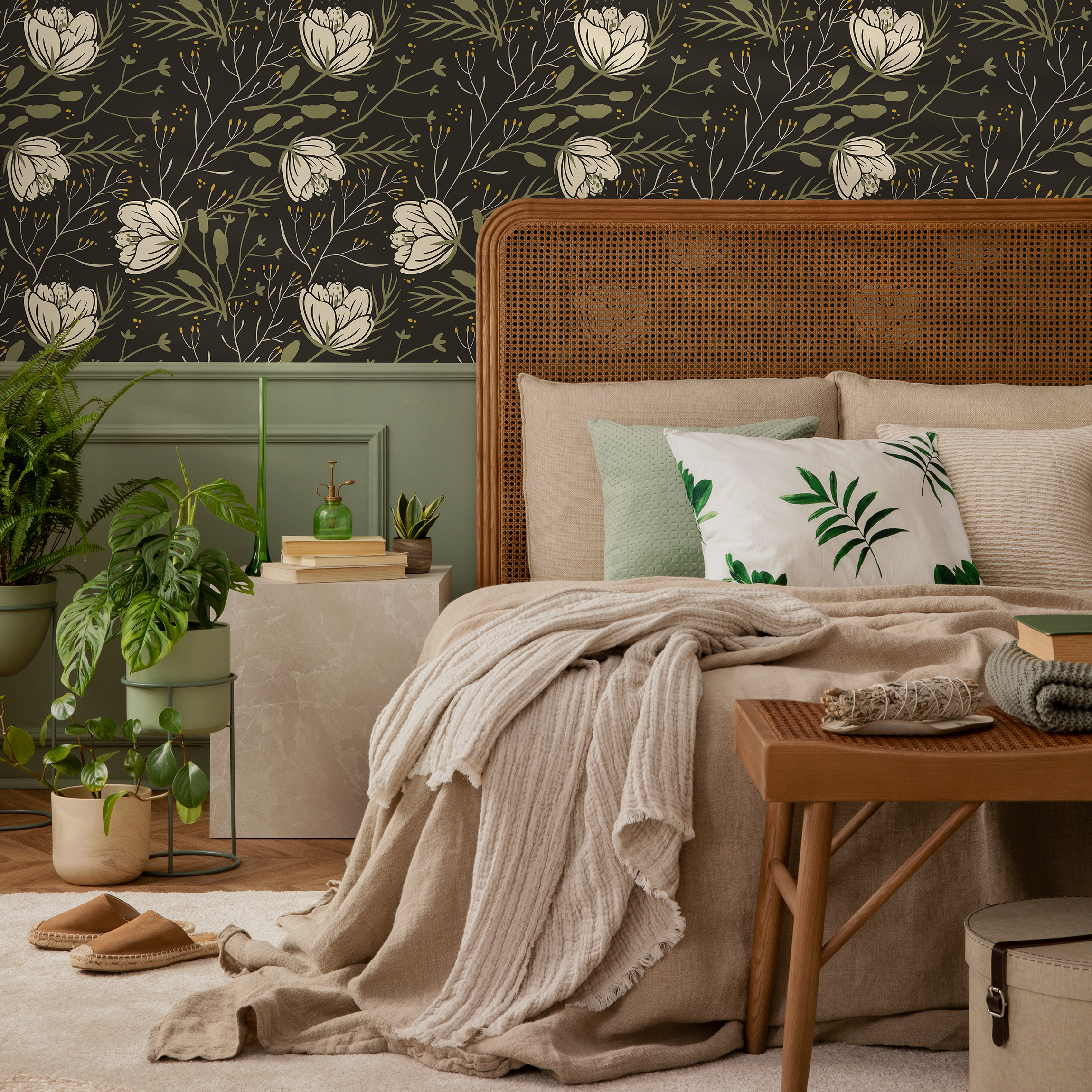 Scandinavian Floral Wallpaper With Folk Art Blooms In Dark Gray, Cream, And Green - D149