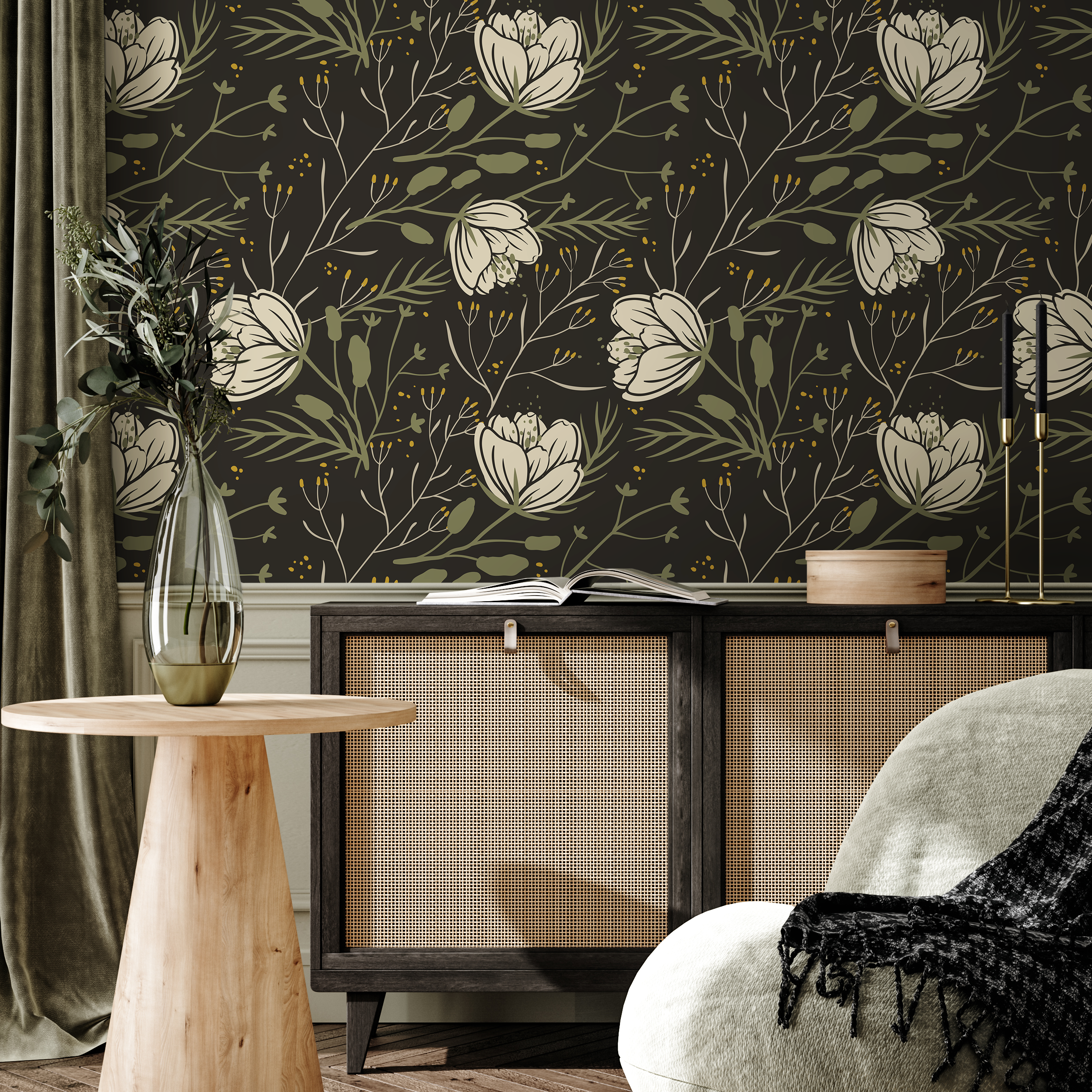Scandinavian Floral Wallpaper With Folk Art Blooms In Dark Gray, Cream, And Green - D149
