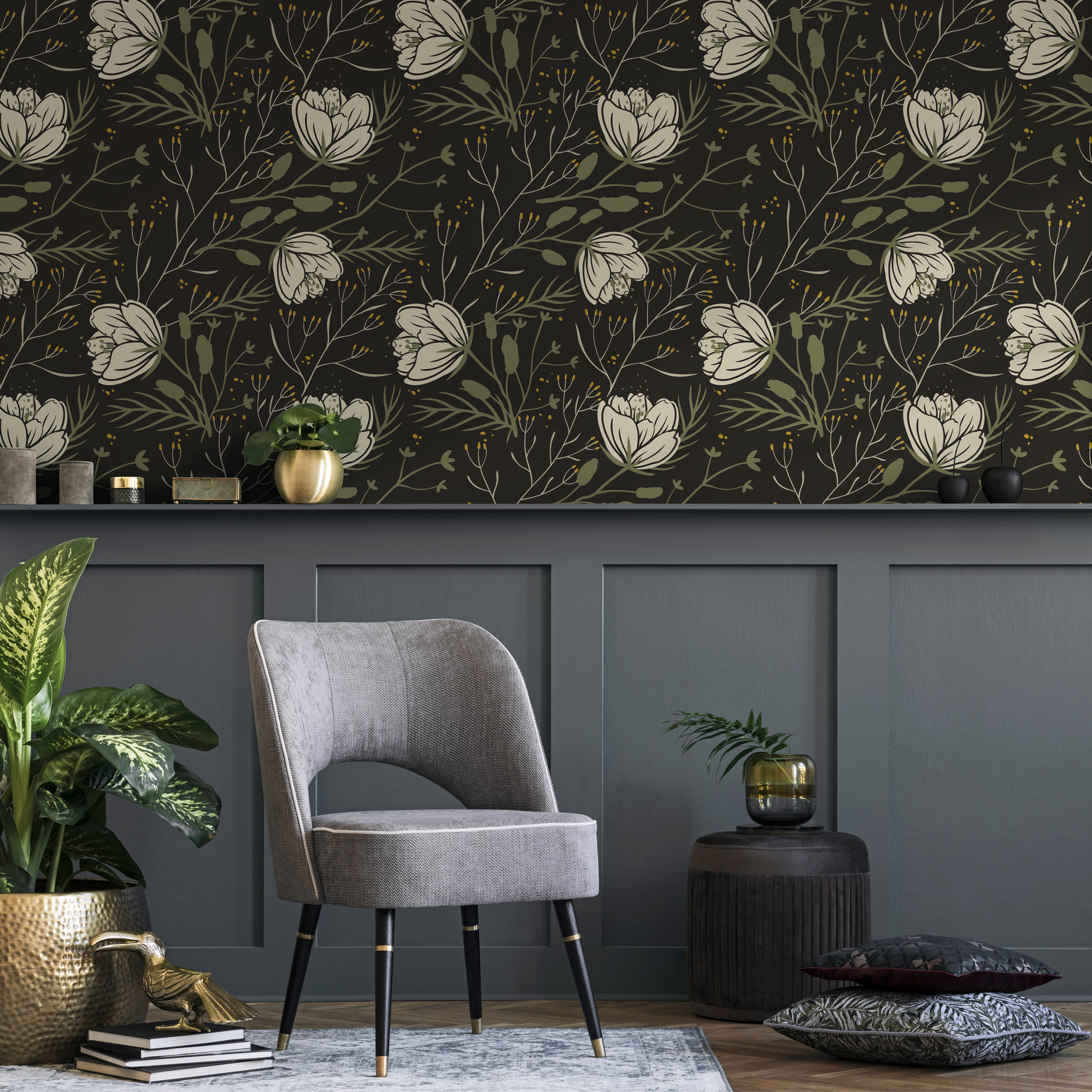 Scandinavian Floral Wallpaper With Folk Art Blooms In Dark Gray, Cream, And Green - D149