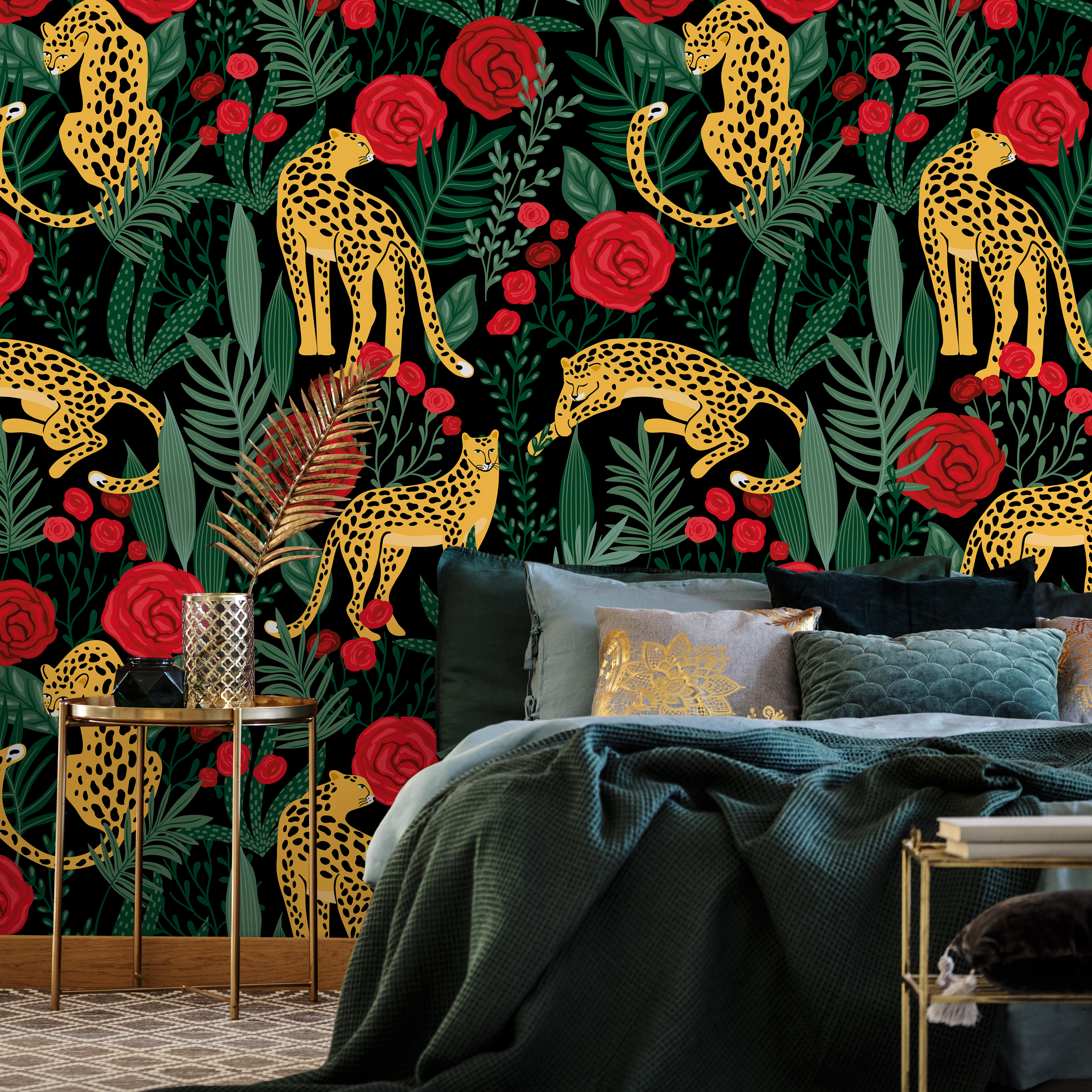 Botanical Wallpaper With Tigers And Red Roses In Green And Yellow - D154