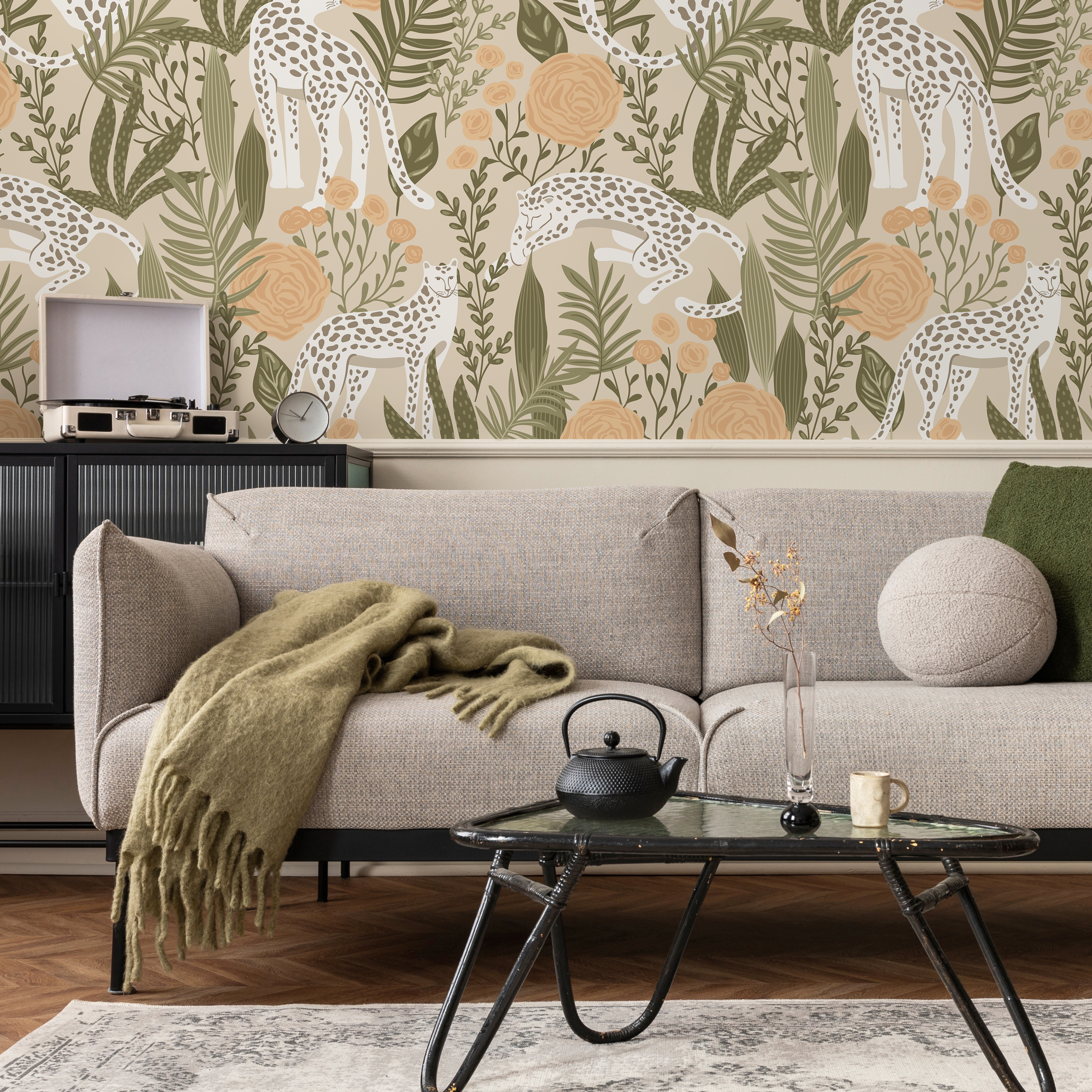 Boho Wallpaper With Leopards And Flowers In Green And Peach - D156