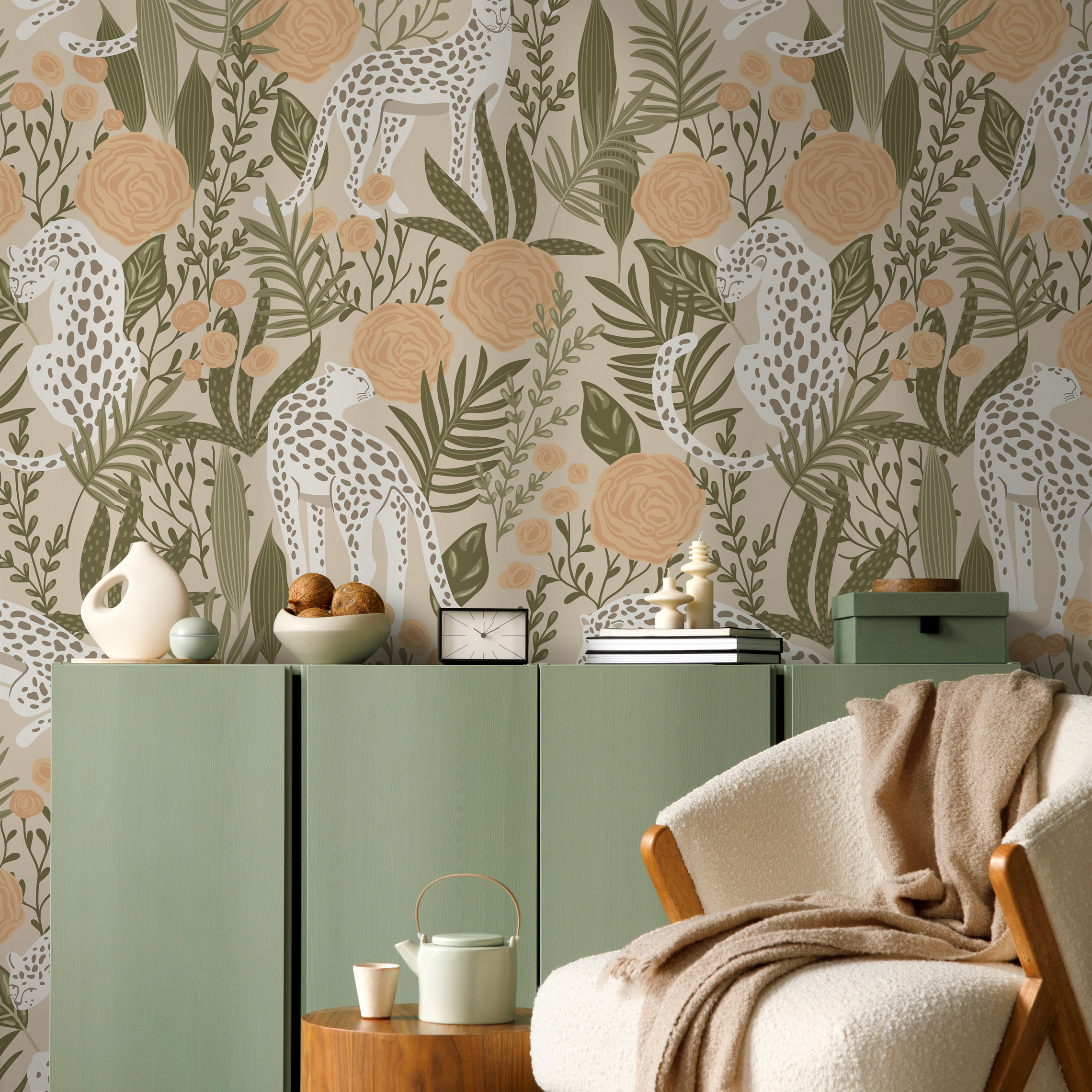 Boho Wallpaper With Leopards And Flowers In Green And Peach - D156