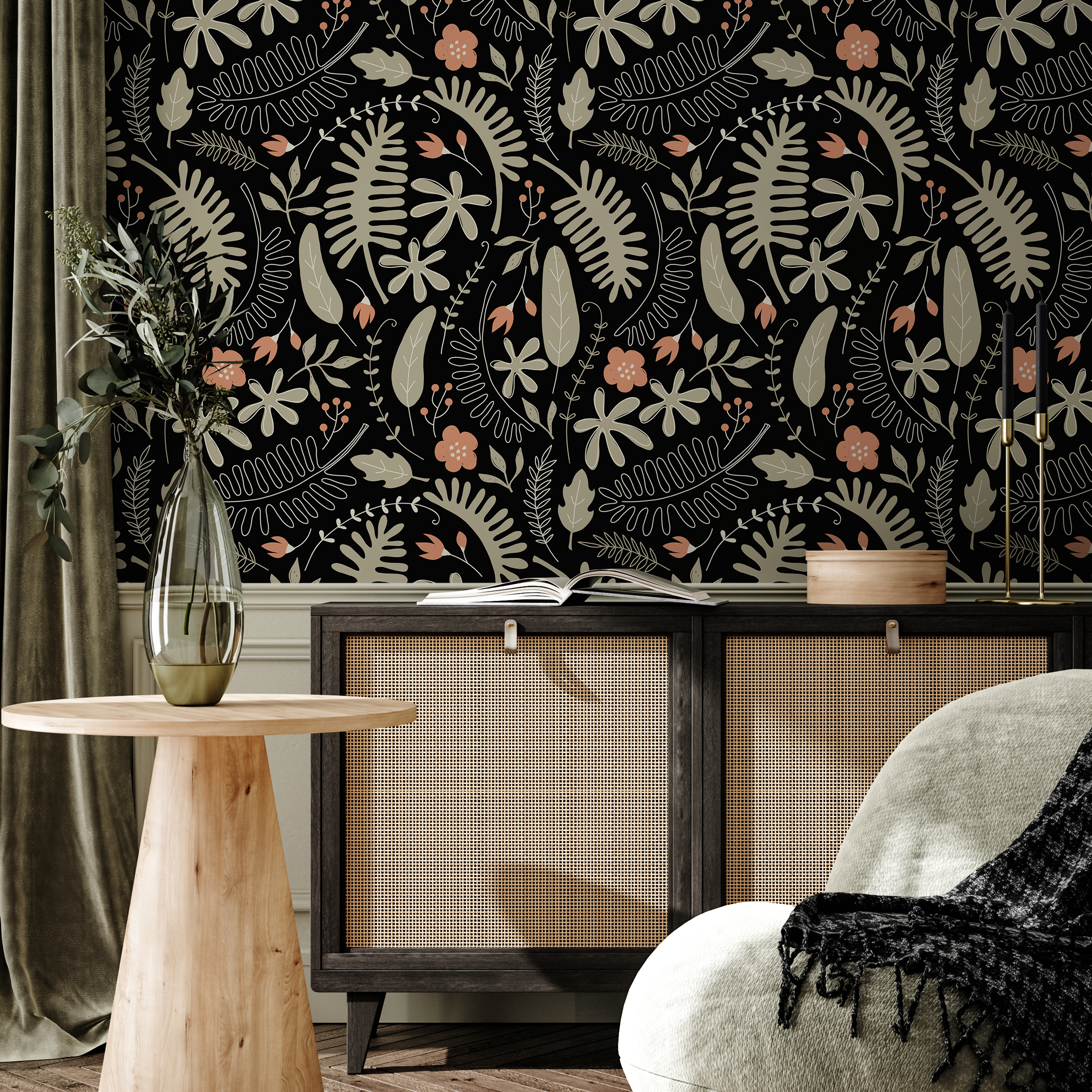 Botanical Wallpaper With A Stylized Fern Motif In Black, Beige, And Pink - D161