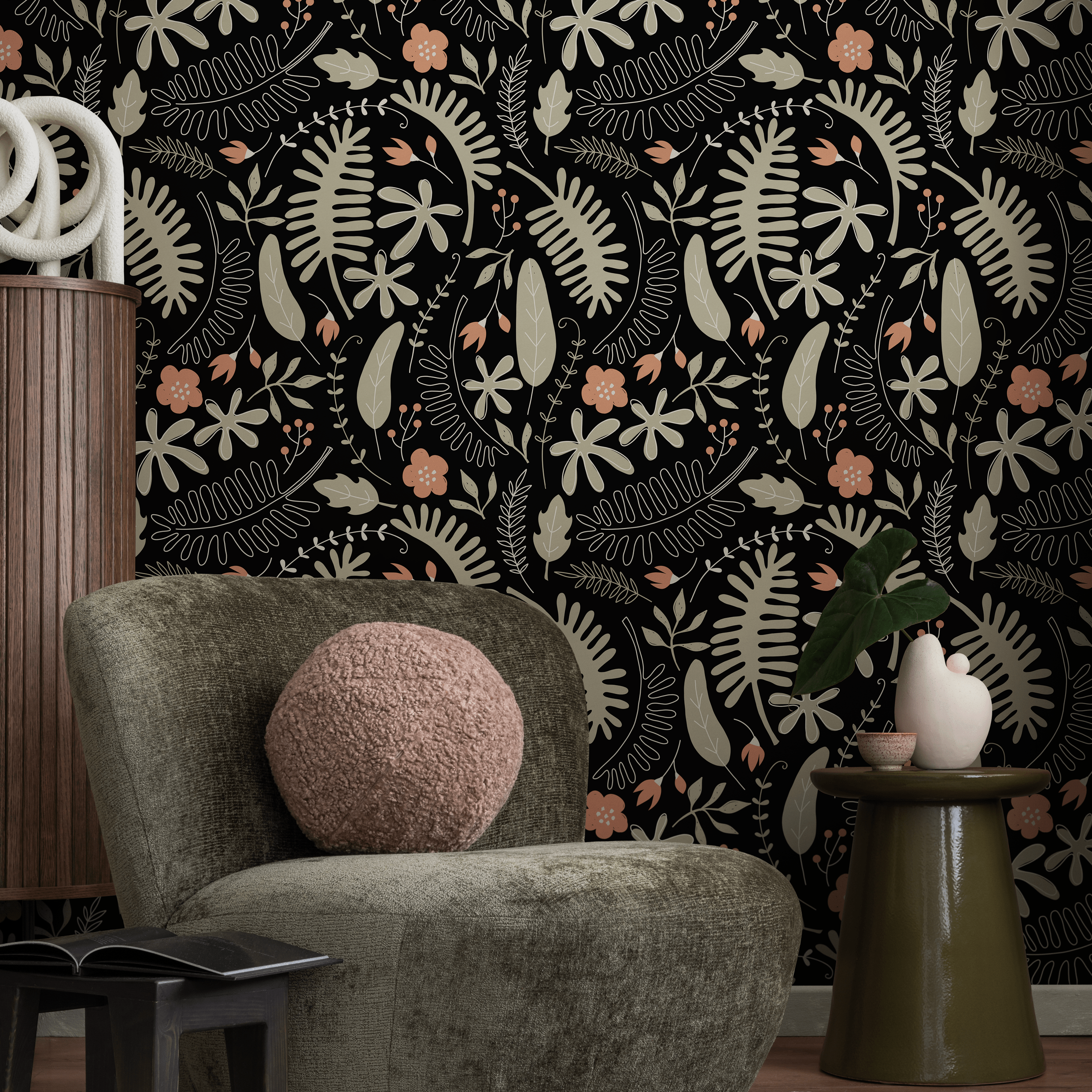 Botanical Wallpaper With A Stylized Fern Motif In Black, Beige, And Pink - D161