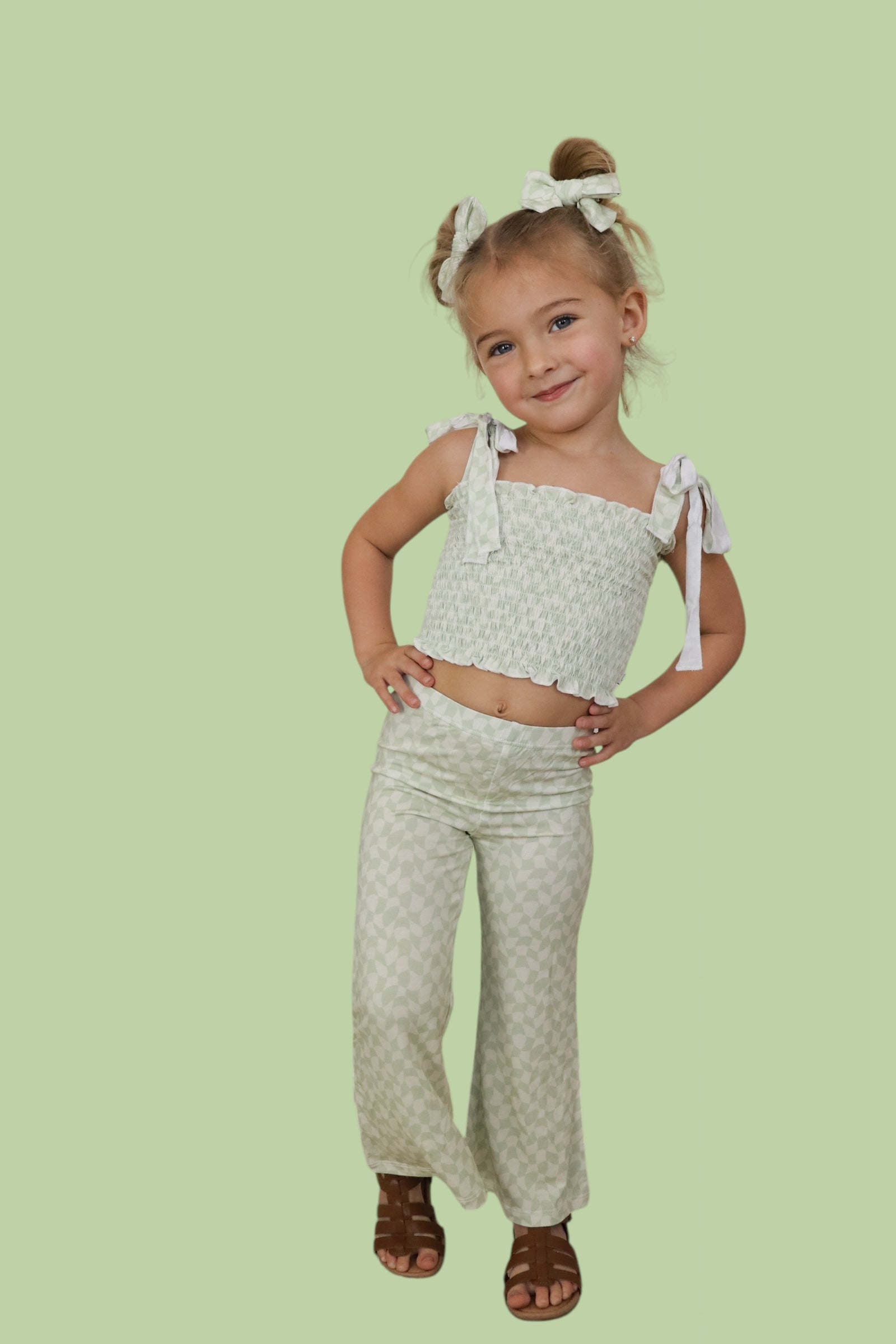 Sage Wavy Checkers Dream Smocked Flare Set