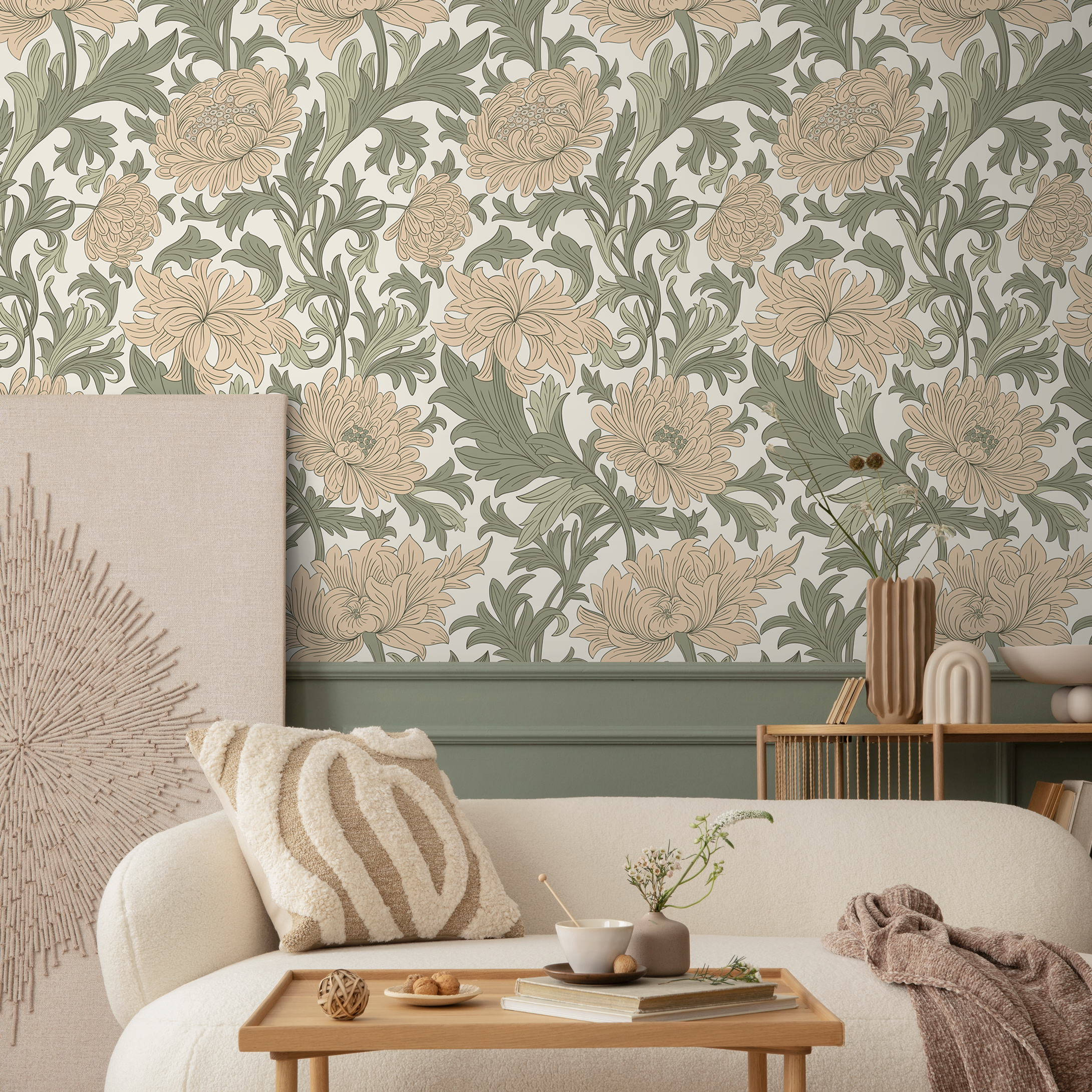 Art Nouveau Wallpaper With Flowing Florals In Beige And Sage Green - D188