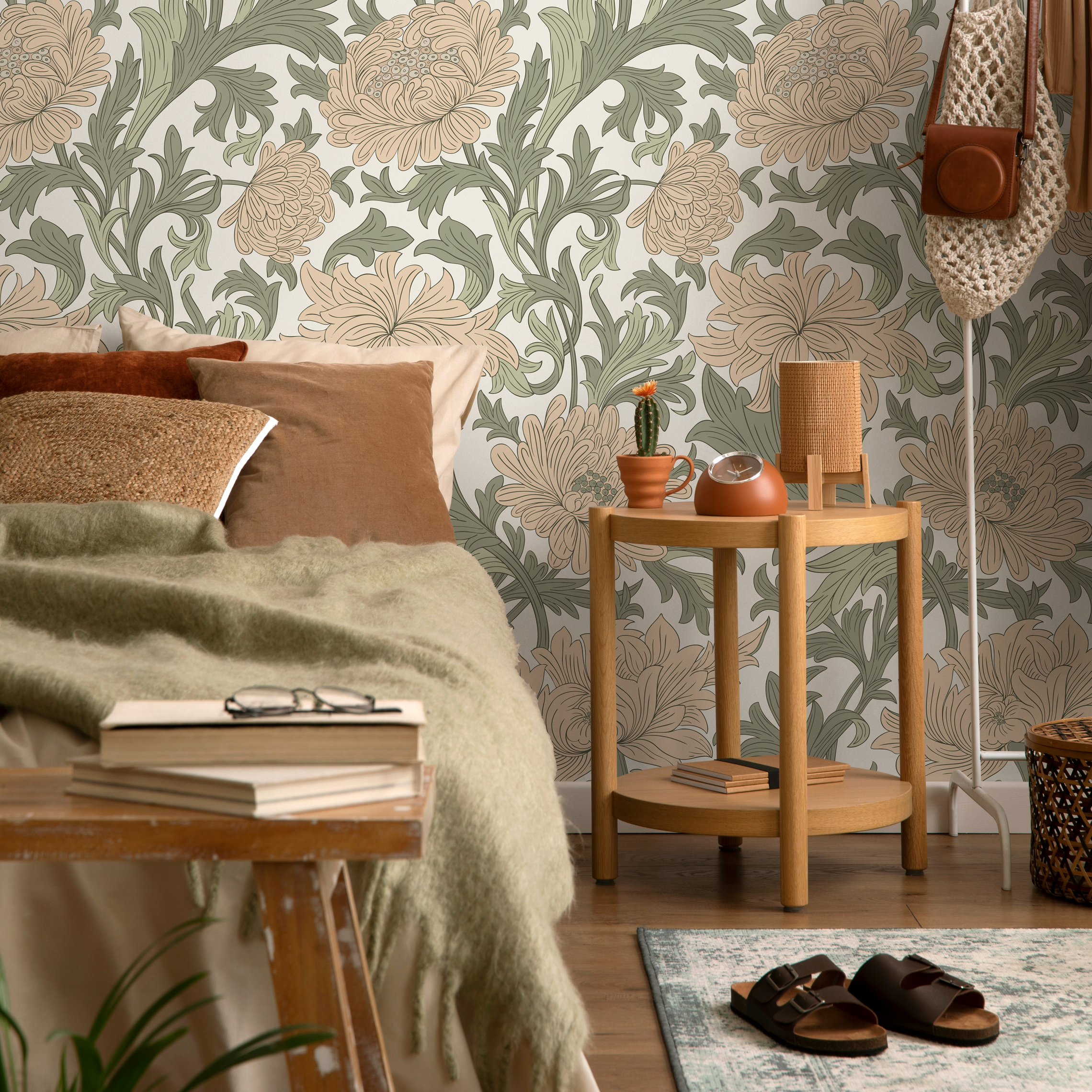 Art Nouveau Wallpaper With Flowing Florals In Beige And Sage Green - D188