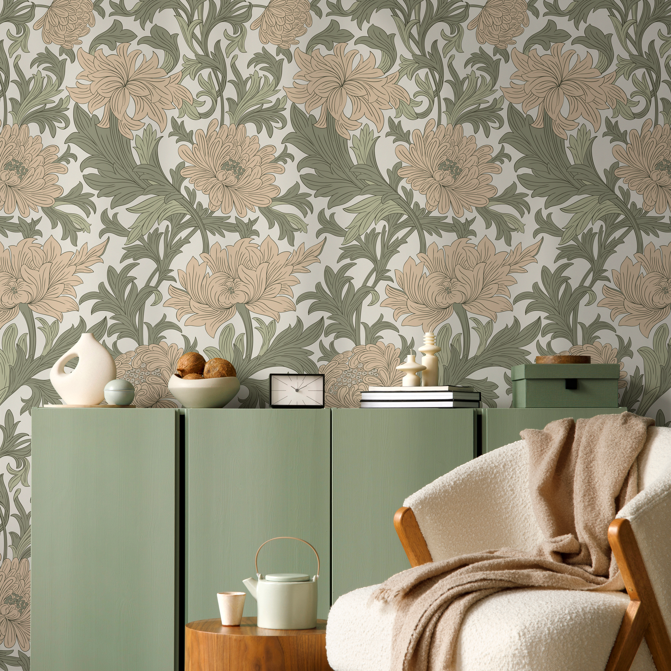 Art Nouveau Wallpaper With Flowing Florals In Beige And Sage Green - D188