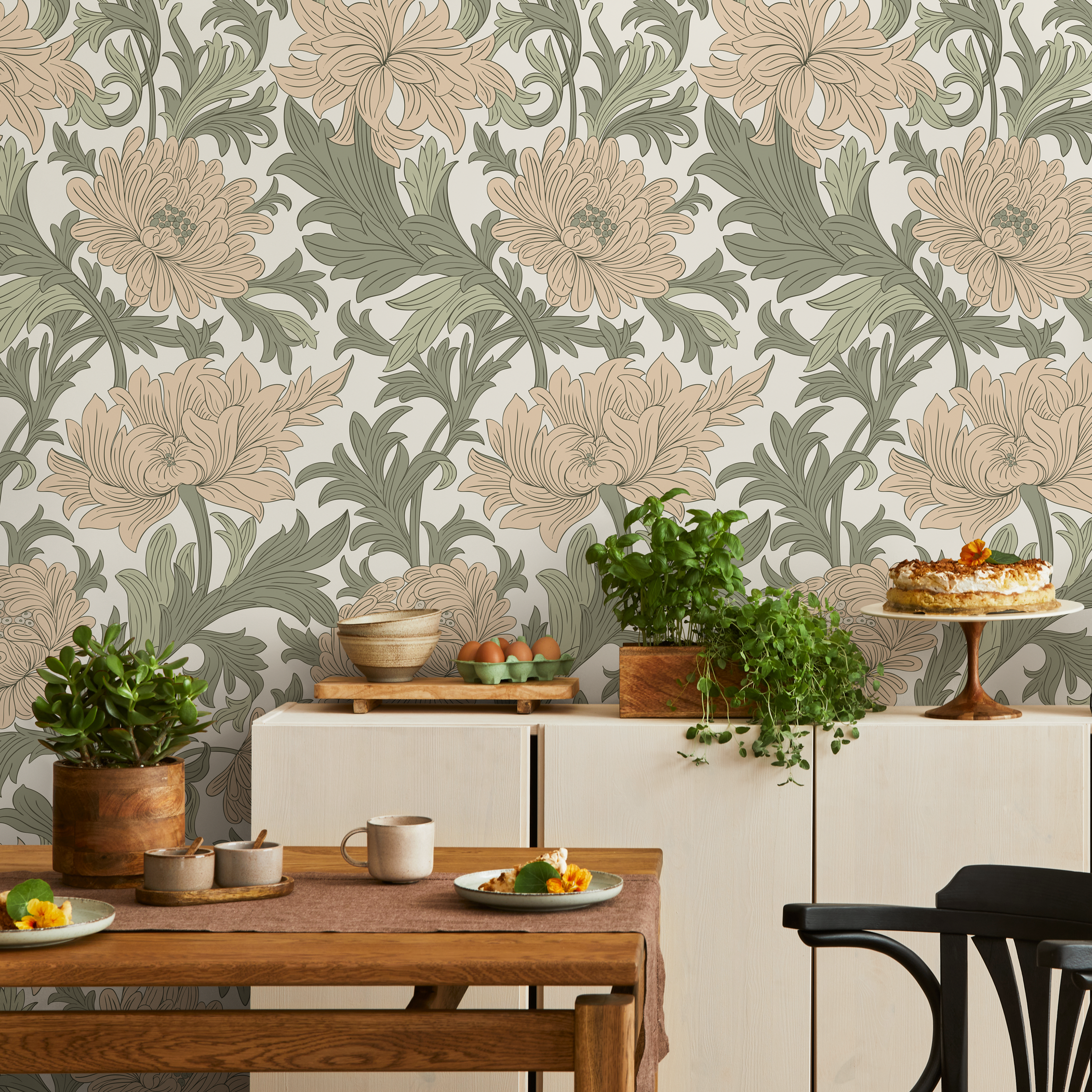 Art Nouveau Wallpaper With Flowing Florals In Beige And Sage Green - D188