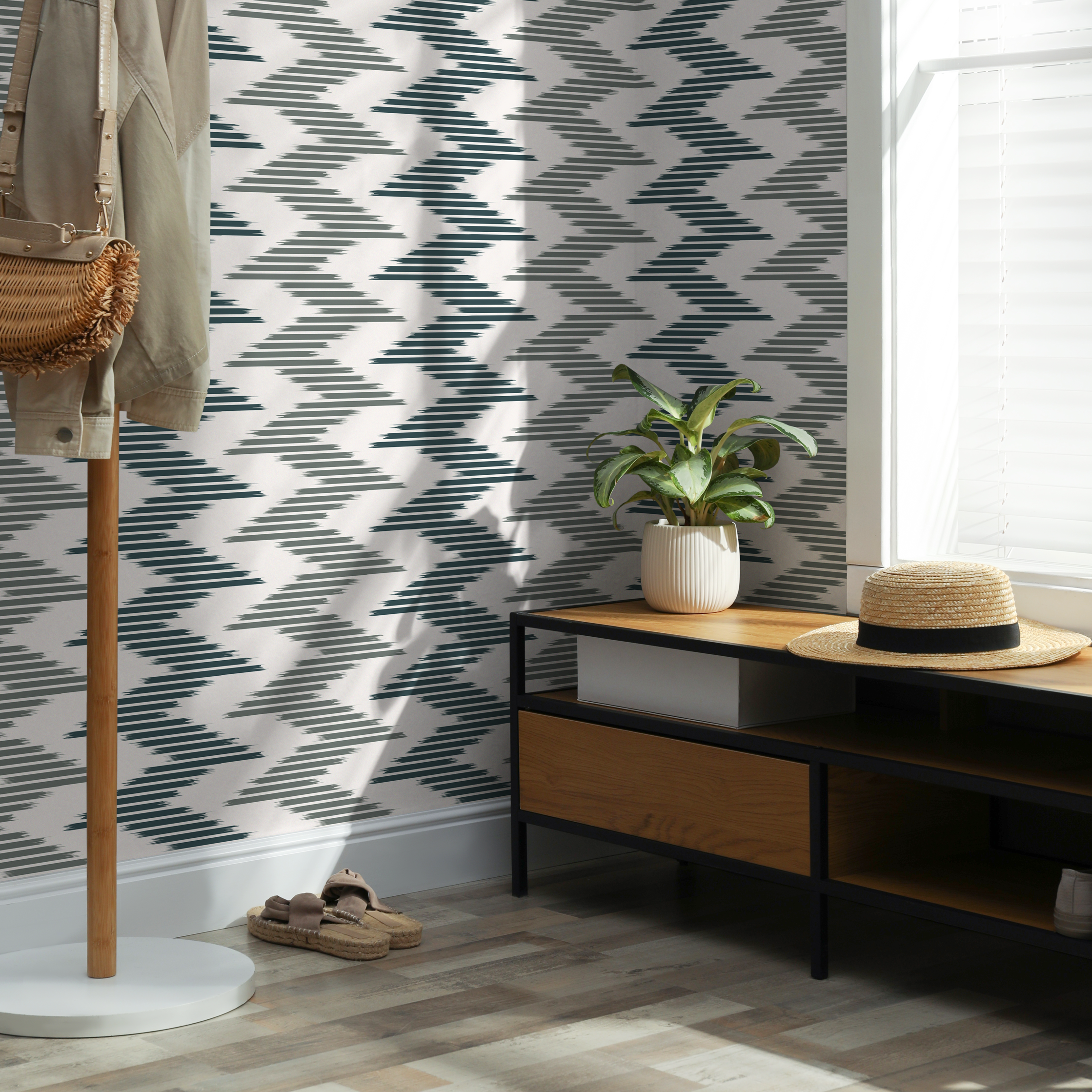 Geometric Wallpaper With An Ikat Chevron Motif In Teal And Sage Green - D205