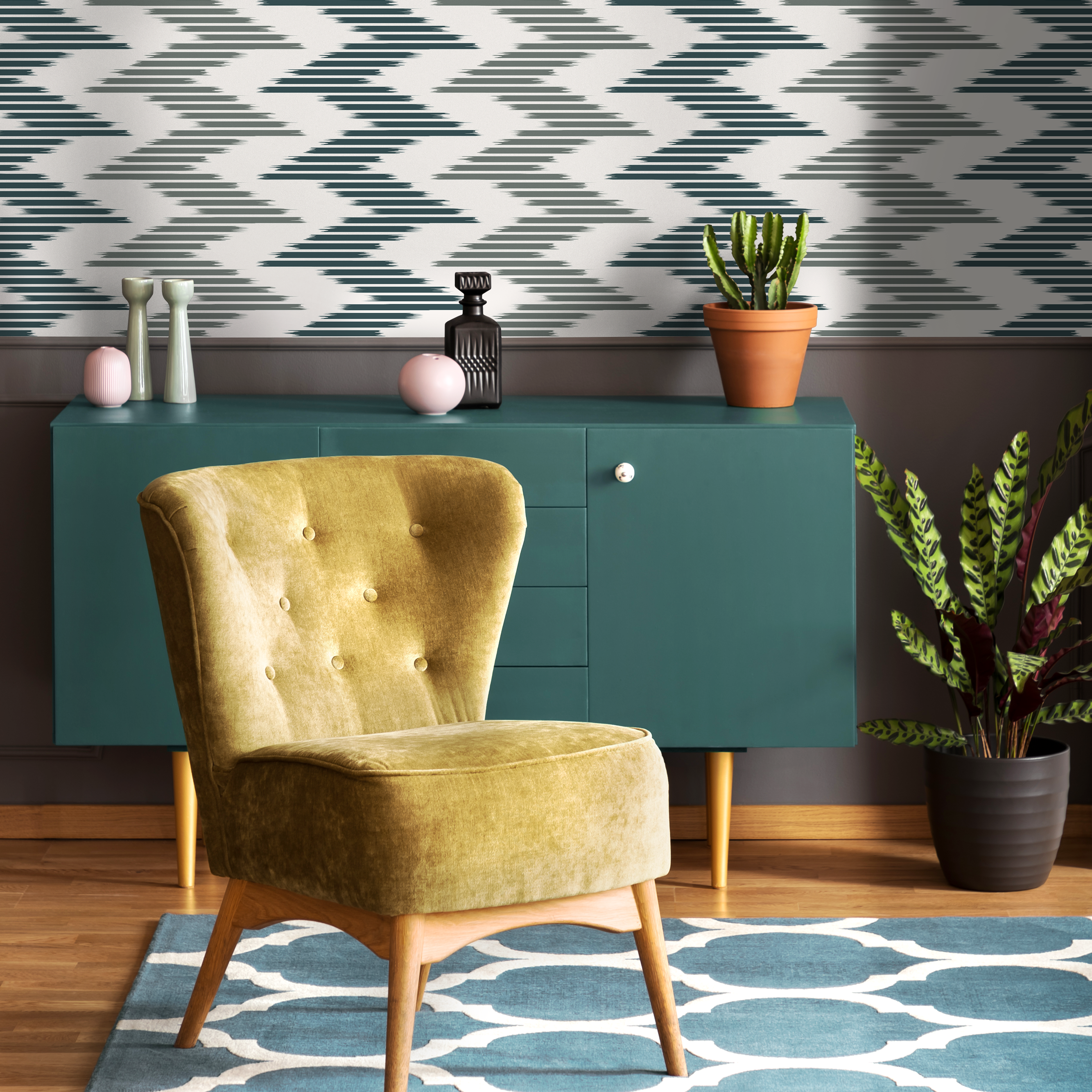 Geometric Wallpaper With An Ikat Chevron Motif In Teal And Sage Green - D205
