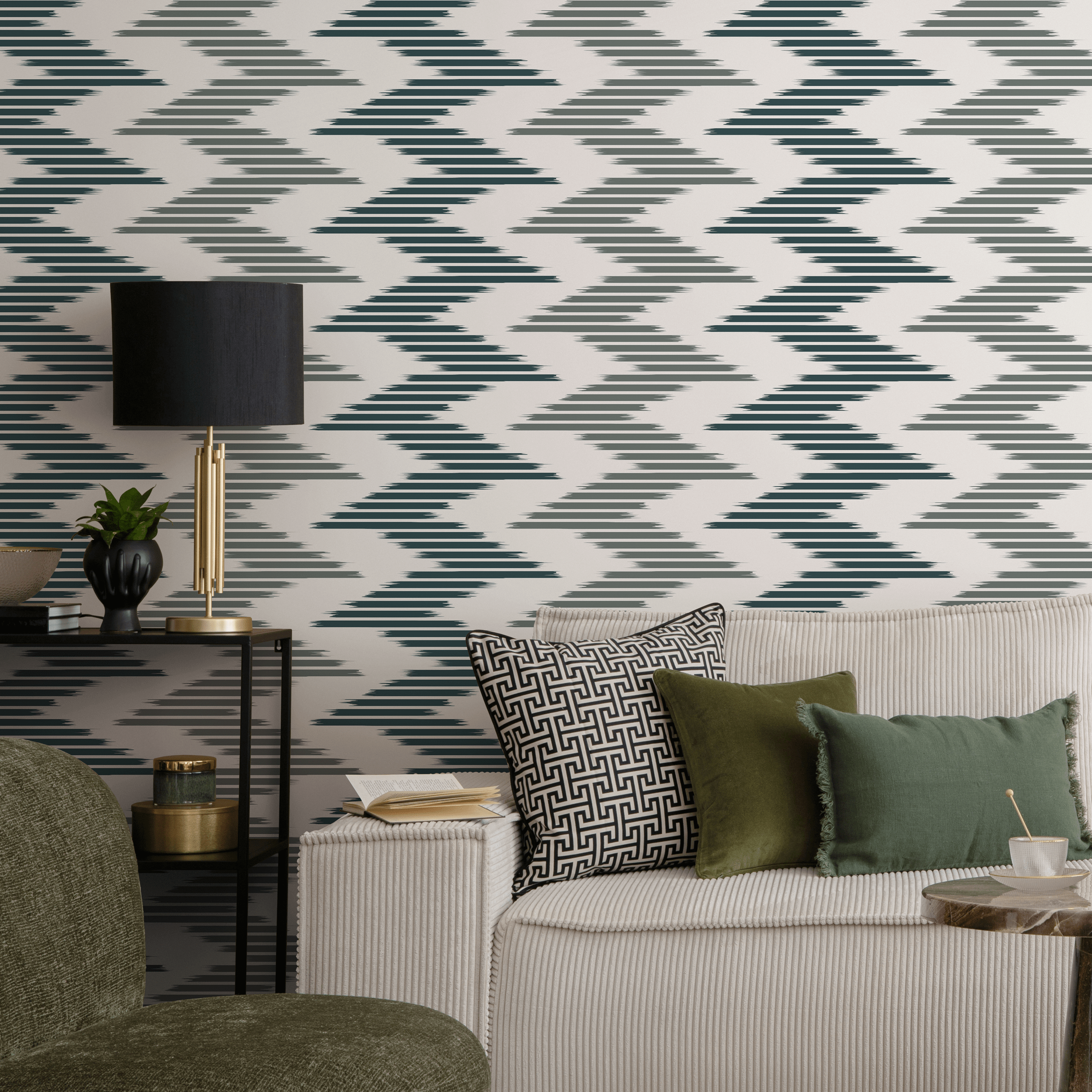 Geometric Wallpaper With An Ikat Chevron Motif In Teal And Sage Green - D205
