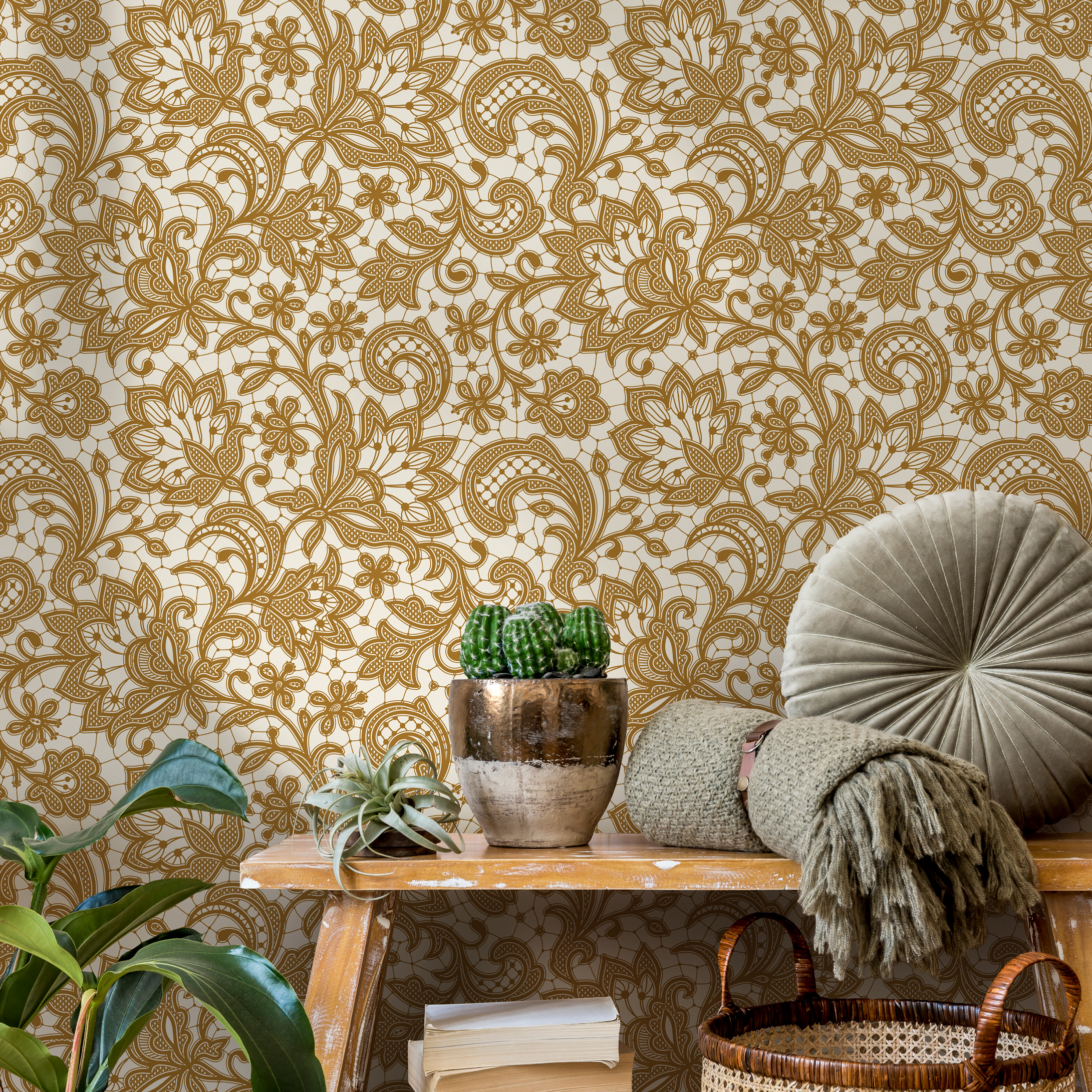 Ornamental Wallpaper With An Intricate Floral Lace Motif In Yellow - D210