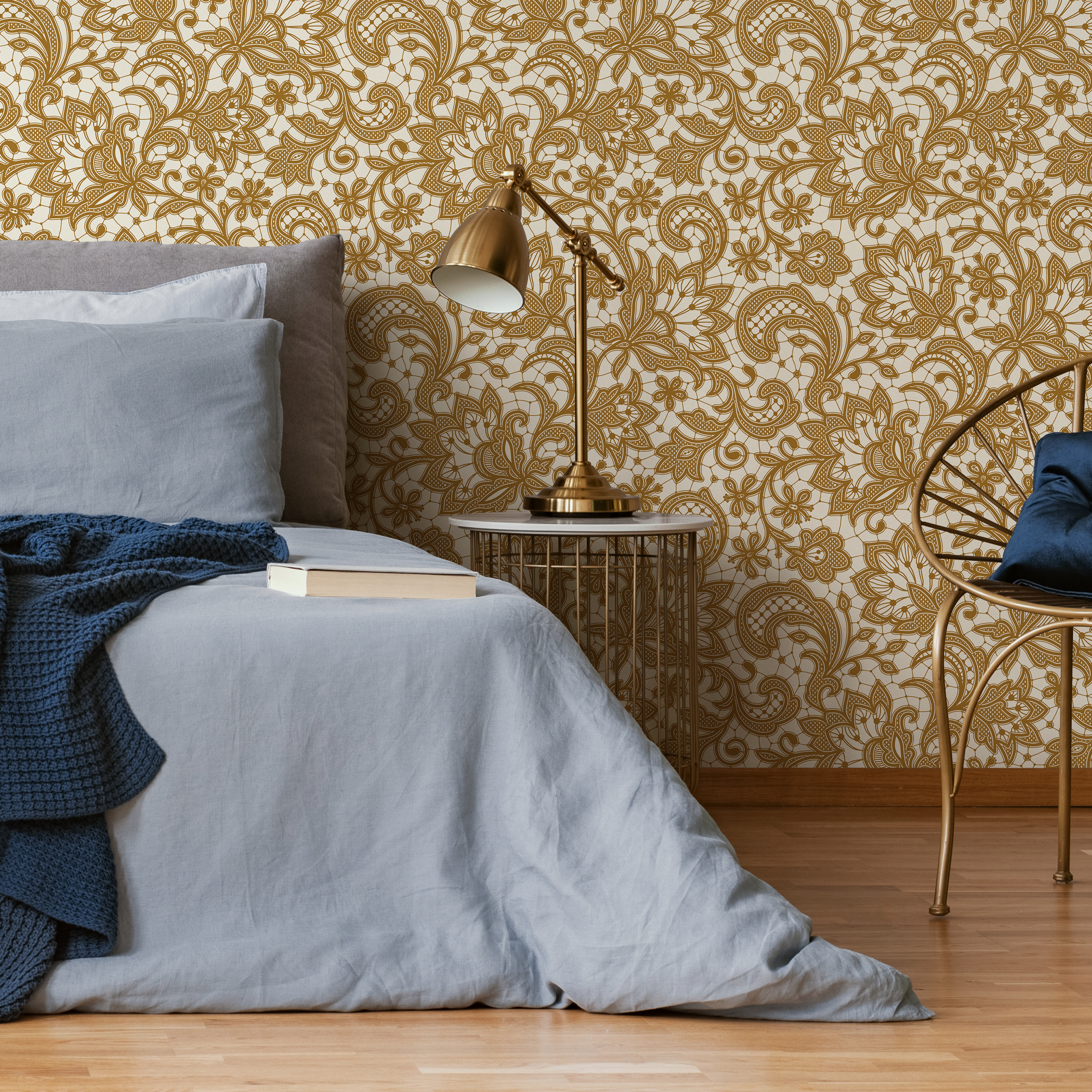 Ornamental Wallpaper With An Intricate Floral Lace Motif In Yellow - D210