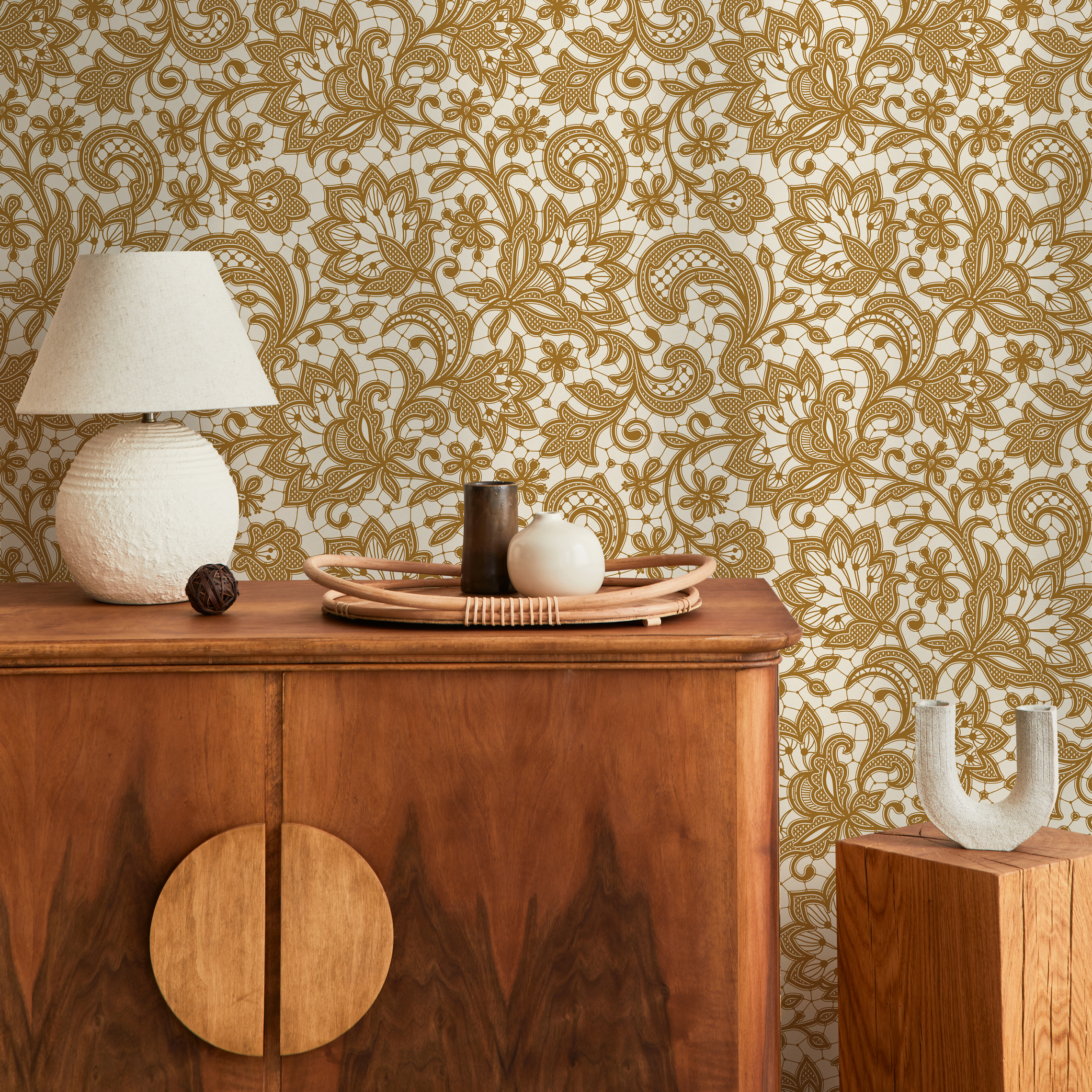 Ornamental Wallpaper With An Intricate Floral Lace Motif In Yellow - D210