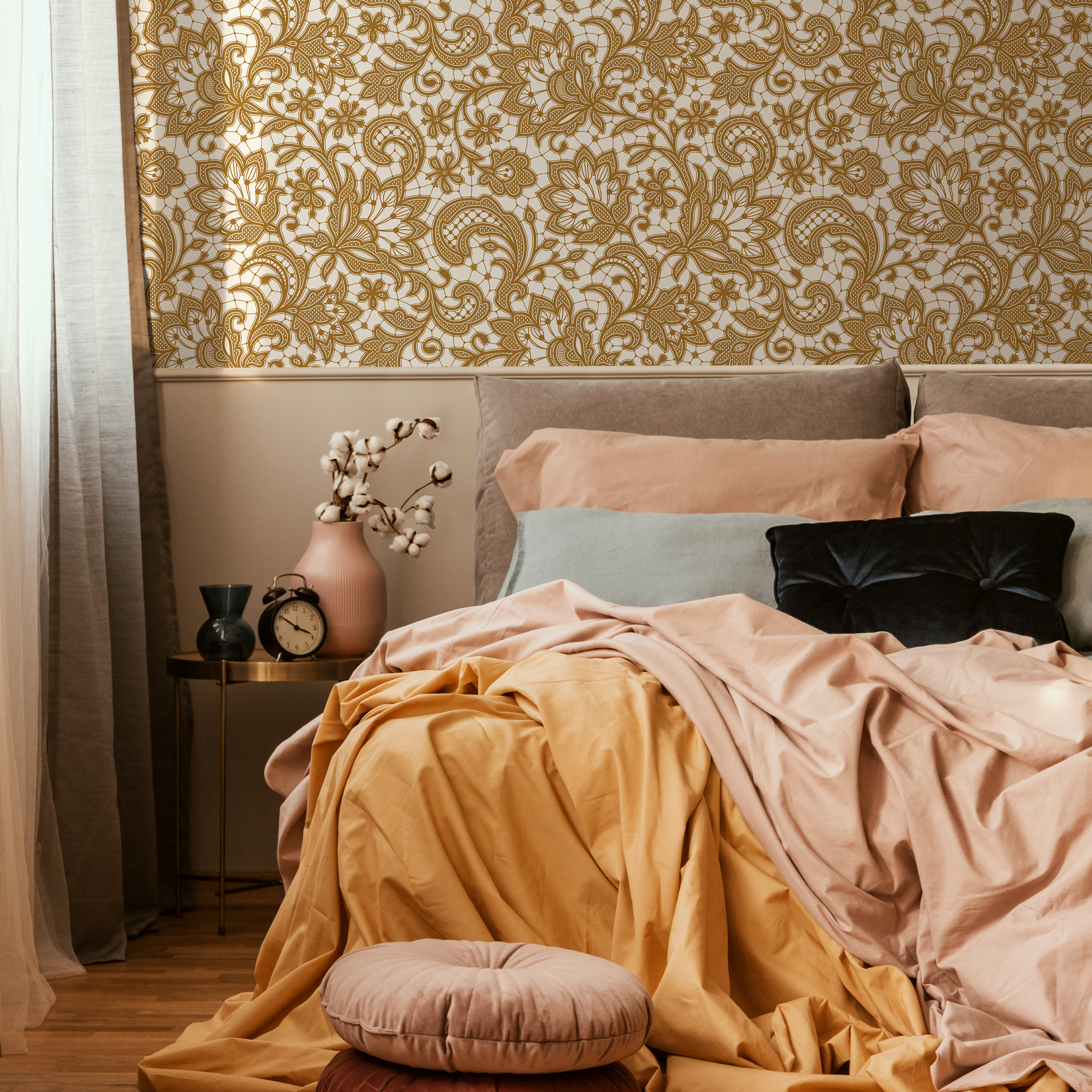 Ornamental Wallpaper With An Intricate Floral Lace Motif In Yellow - D210