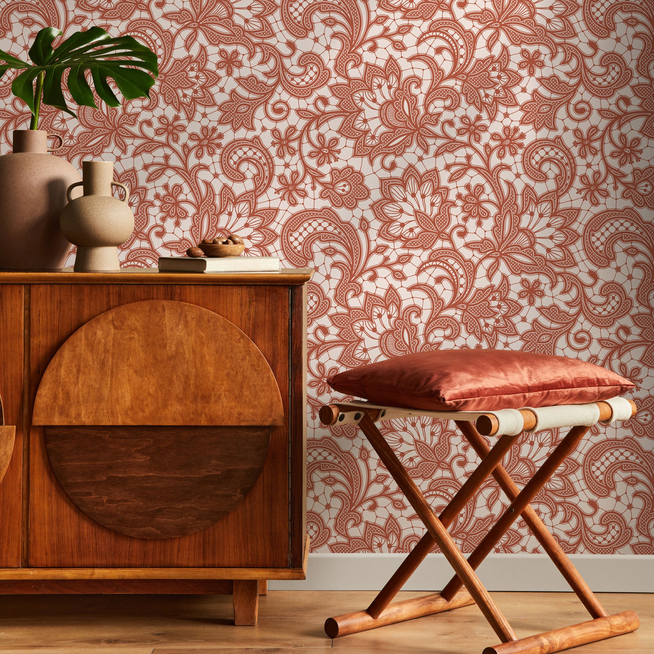 Lace Wallpaper With An Intricate Floral Motif In Terracotta Red - D212