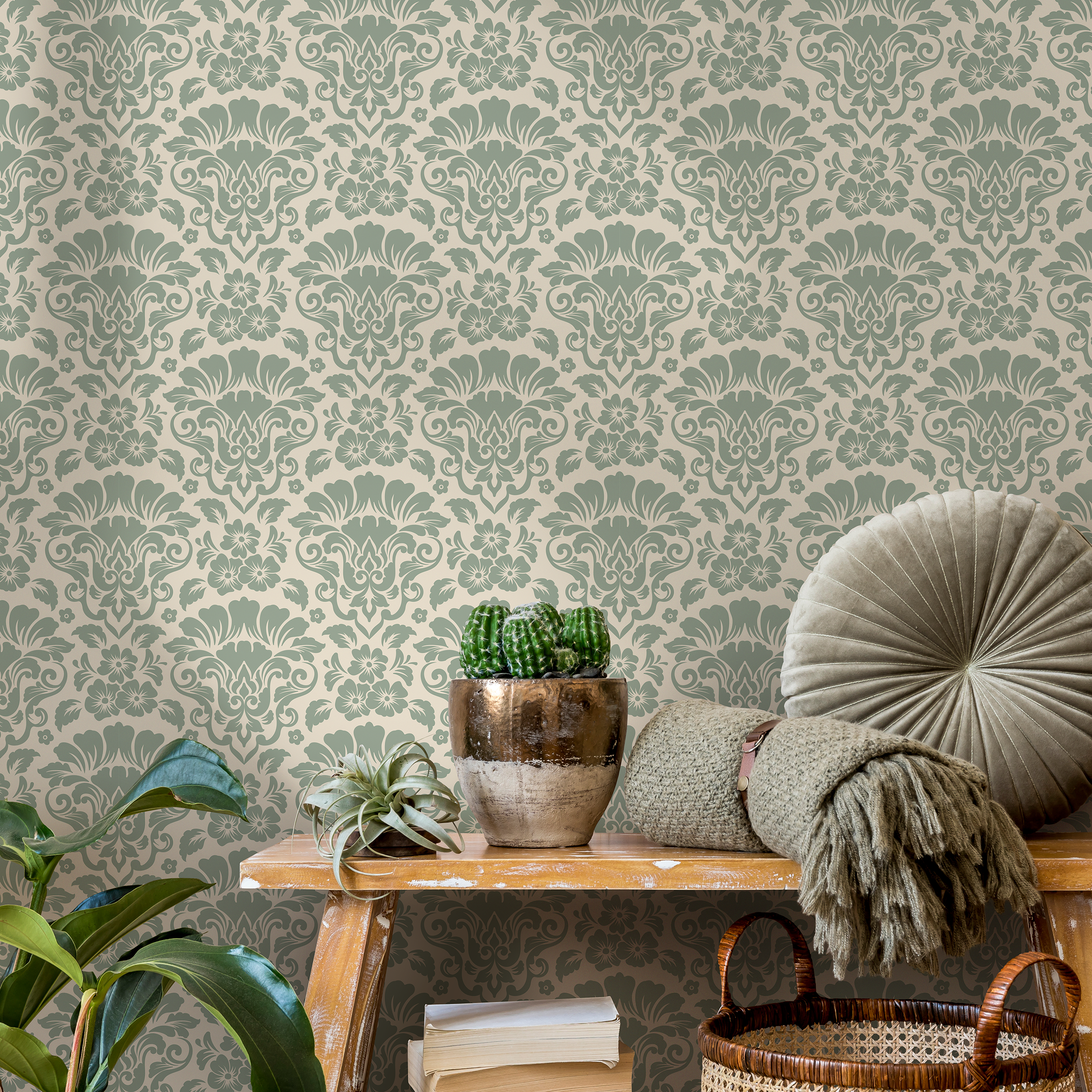 Damask Wallpaper With An Elegant Floral Motif In Mint And Beige - D216