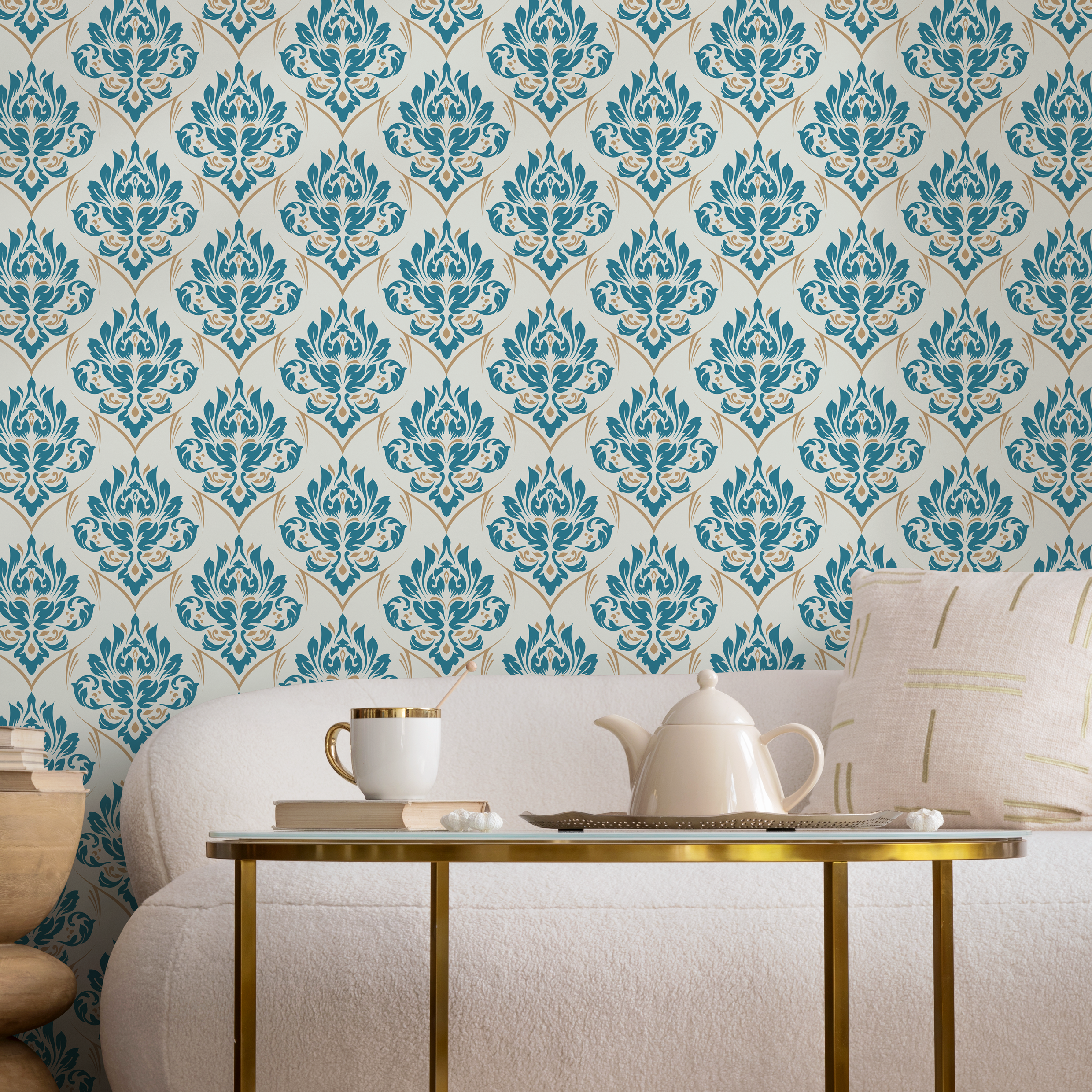 Damask Wallpaper With An Intricate Motif In Blue, Beige, And Cream - D230