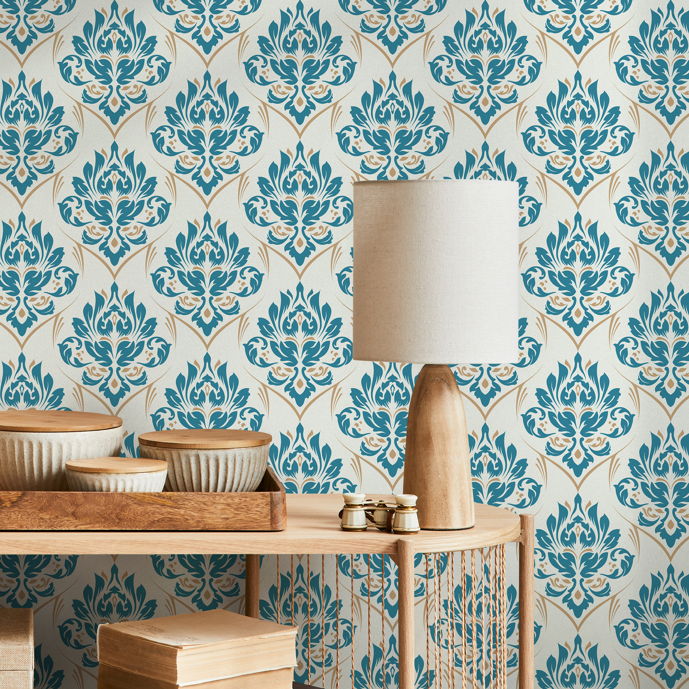 Damask Wallpaper With An Intricate Motif In Blue, Beige, And Cream - D230