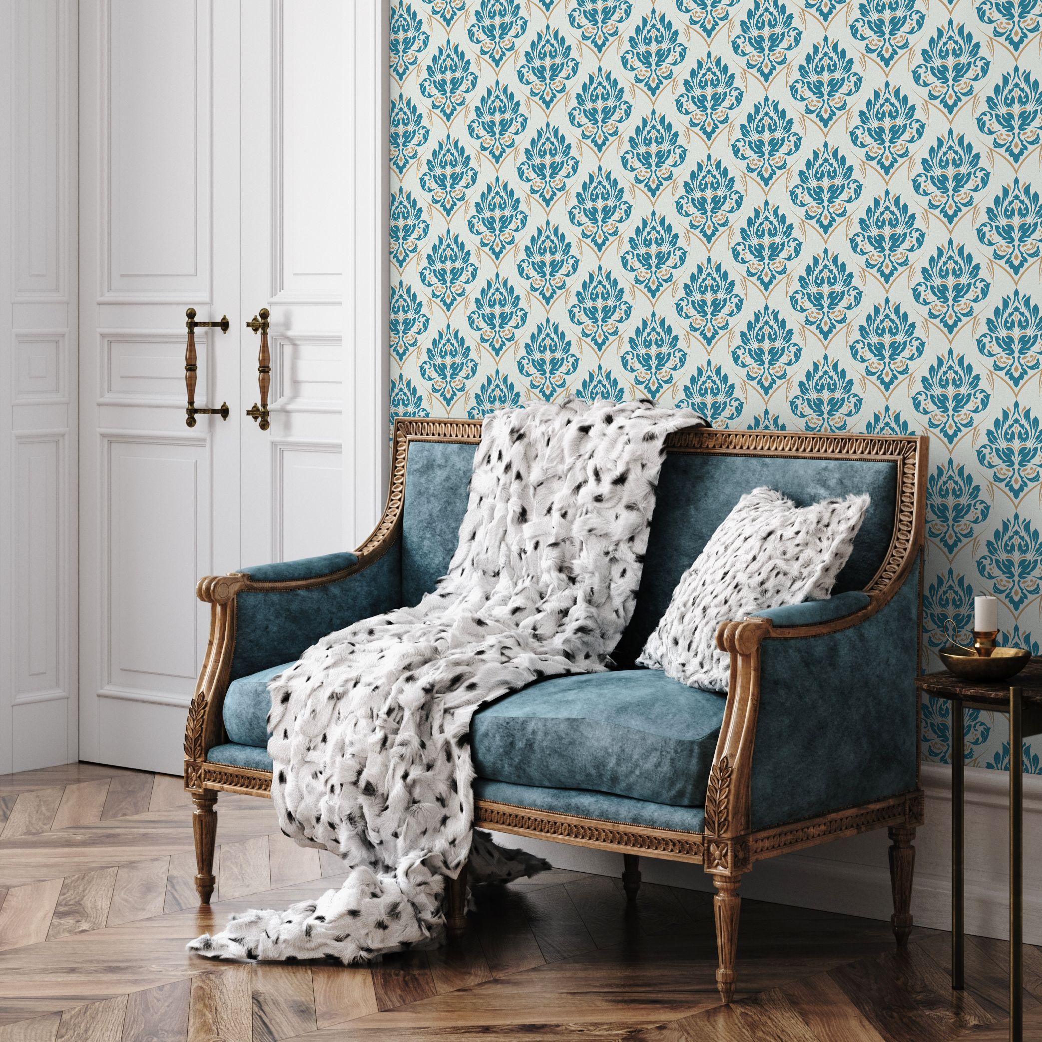 Damask Wallpaper With An Intricate Motif In Blue, Beige, And Cream - D230