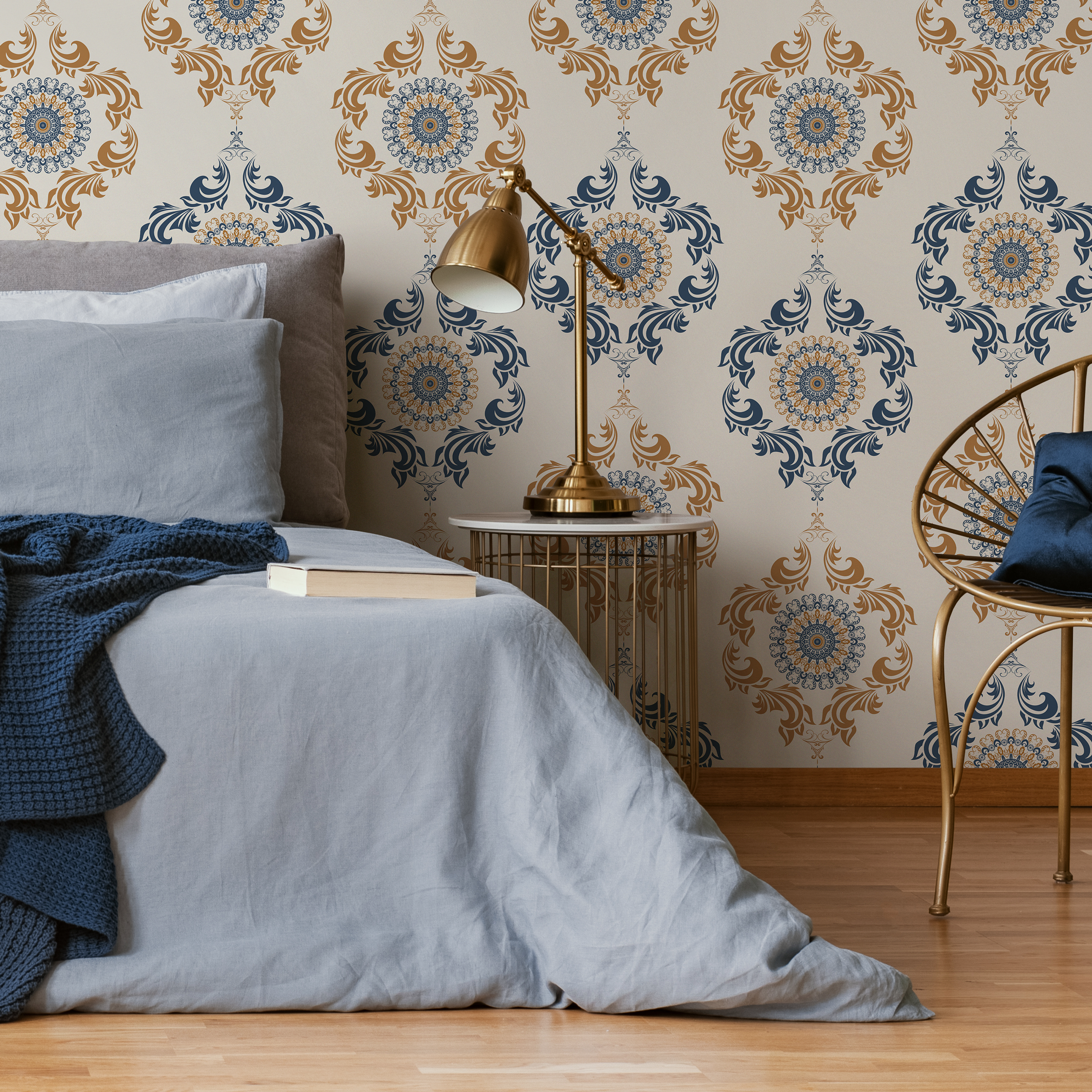 Ornamental Wallpaper With An Intricate Medallion Motif In Blue And Gold - D233