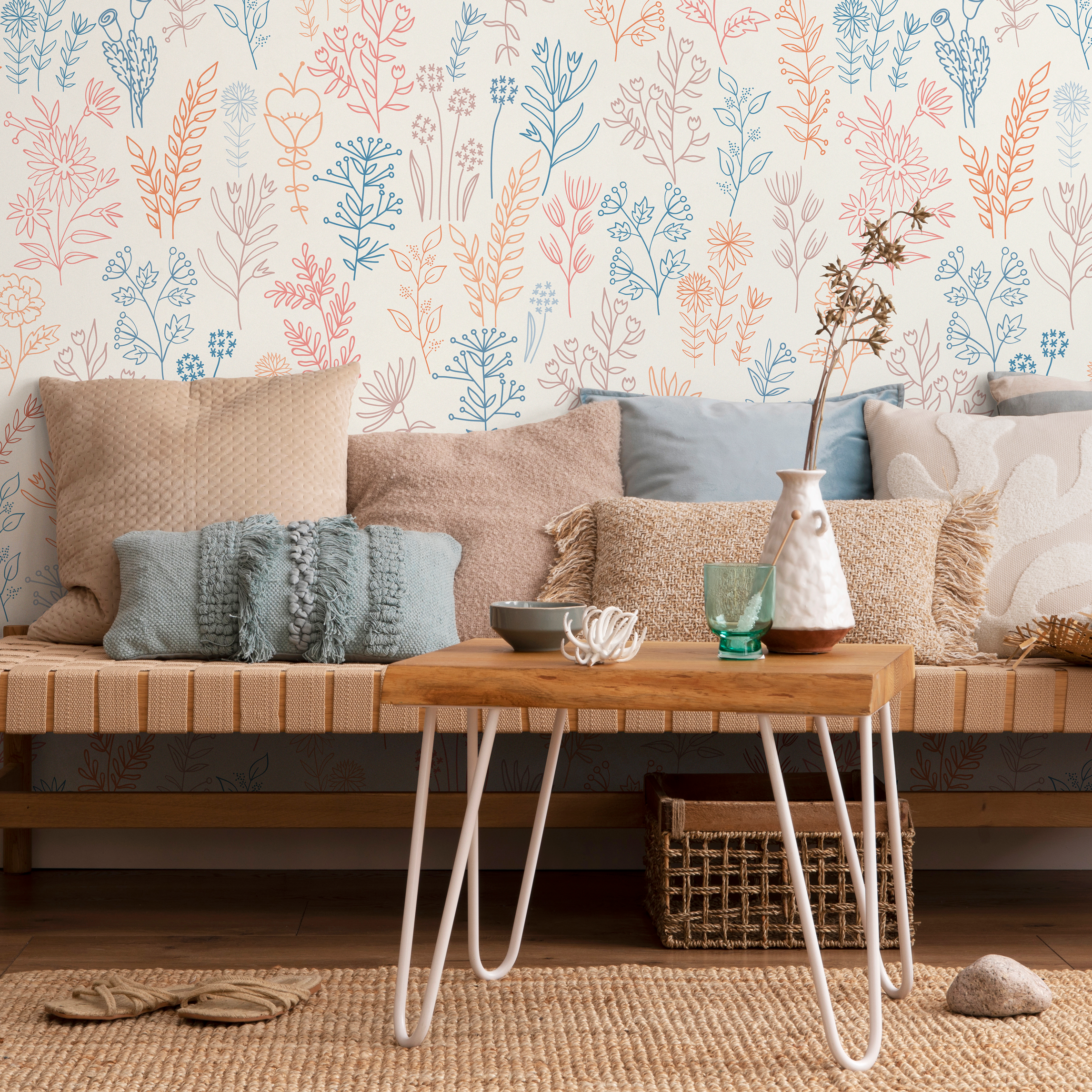 Floral Wallpaper Featuring Delicate Wildflowers In Blue, Orange, And Pink - D235