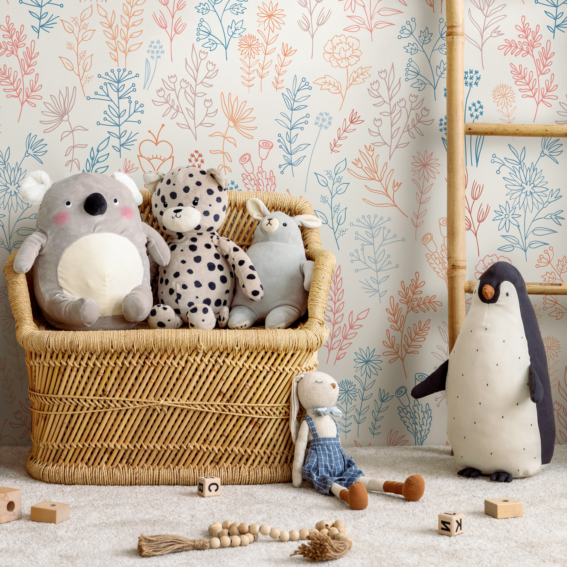 Floral Wallpaper Featuring Delicate Wildflowers In Blue, Orange, And Pink - D235