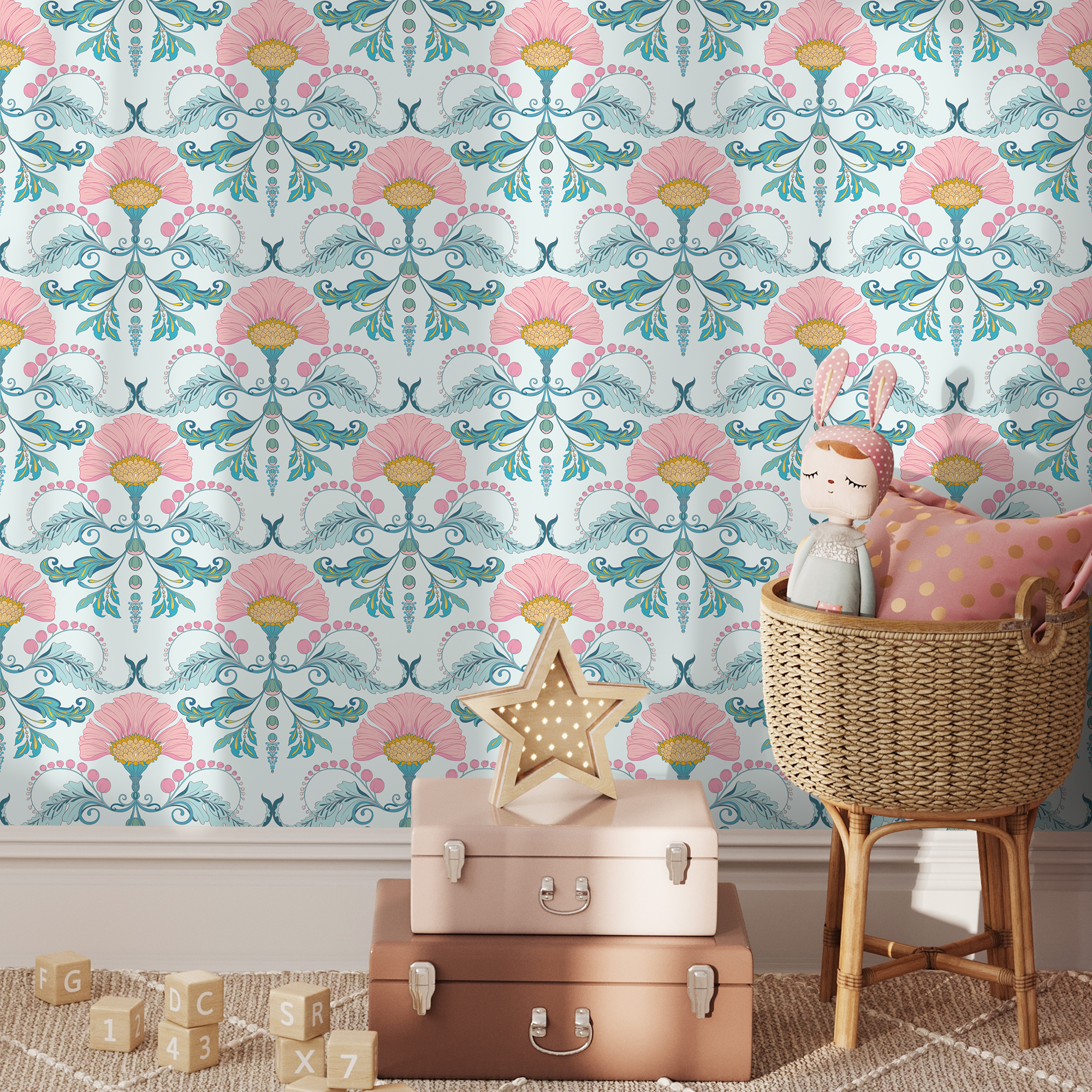 Floral Wallpaper With A Stylized Damask Motif In Pink, Teal, And Yellow - D237