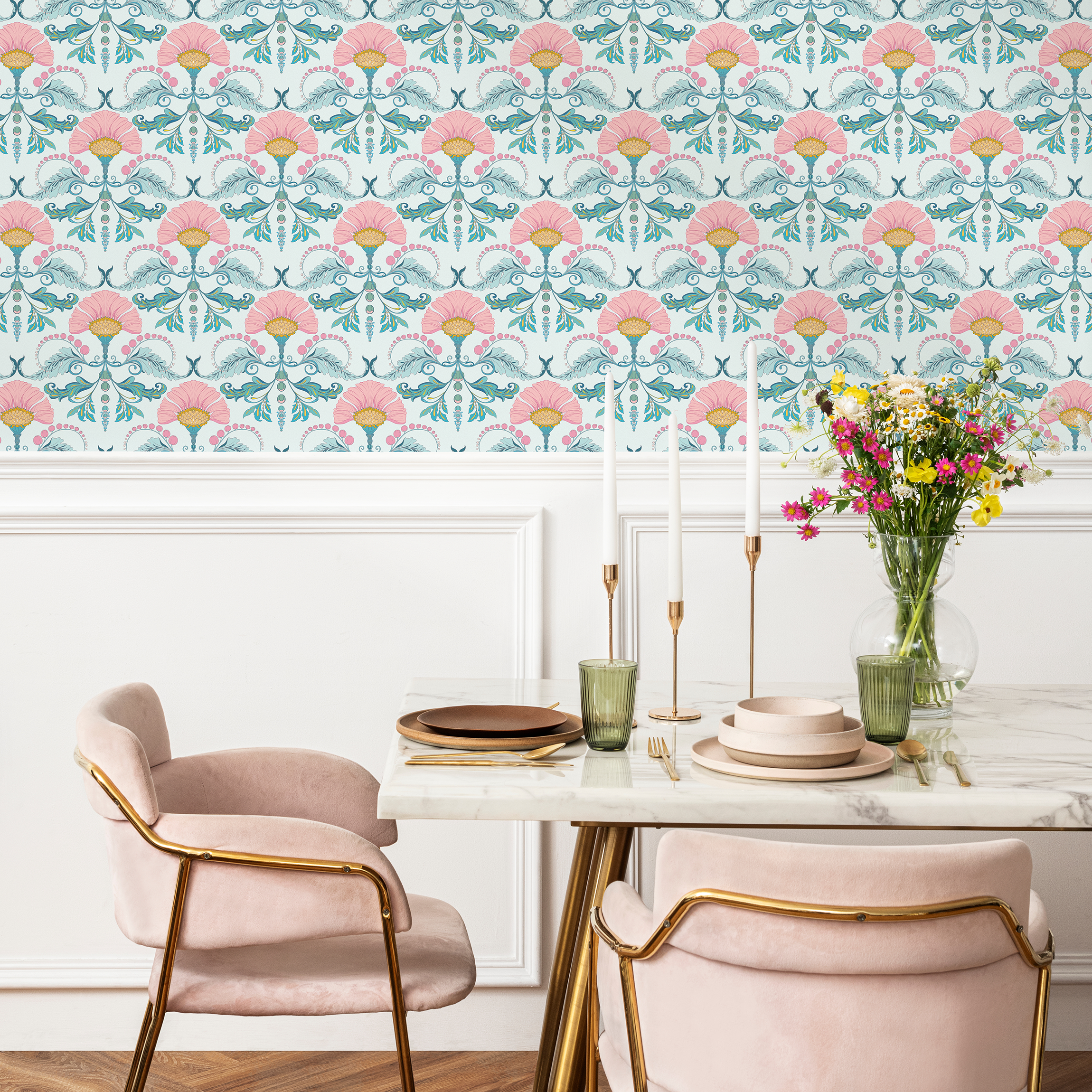 Floral Wallpaper With A Stylized Damask Motif In Pink, Teal, And Yellow - D237